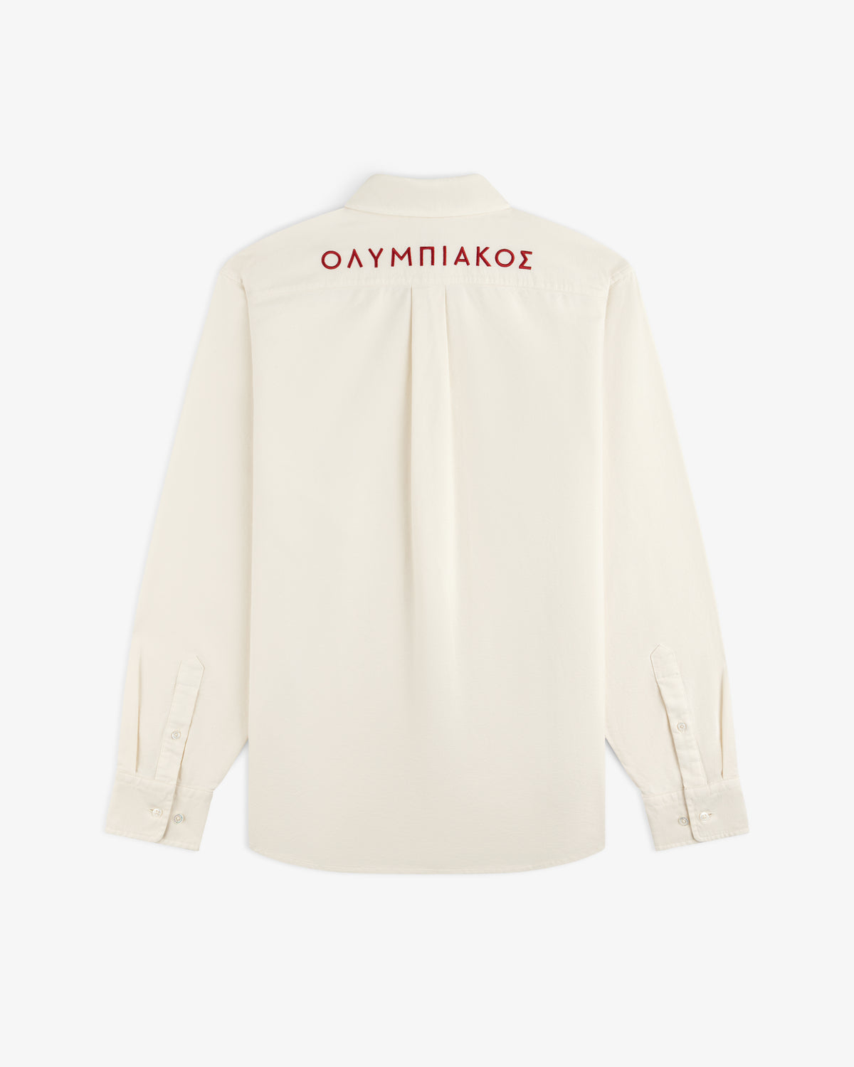 ALD / Olympiacos F.C. Logo Oxford Shirt in off-white with red Greek text embroidered across the back yoke.