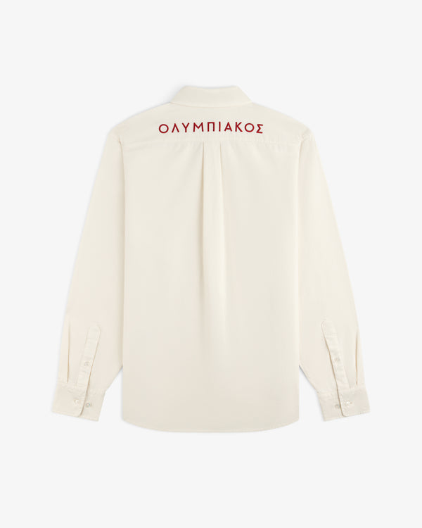 ALD / Olympiacos F.C. Logo Oxford Shirt in off-white with red Greek text embroidered across the back yoke.