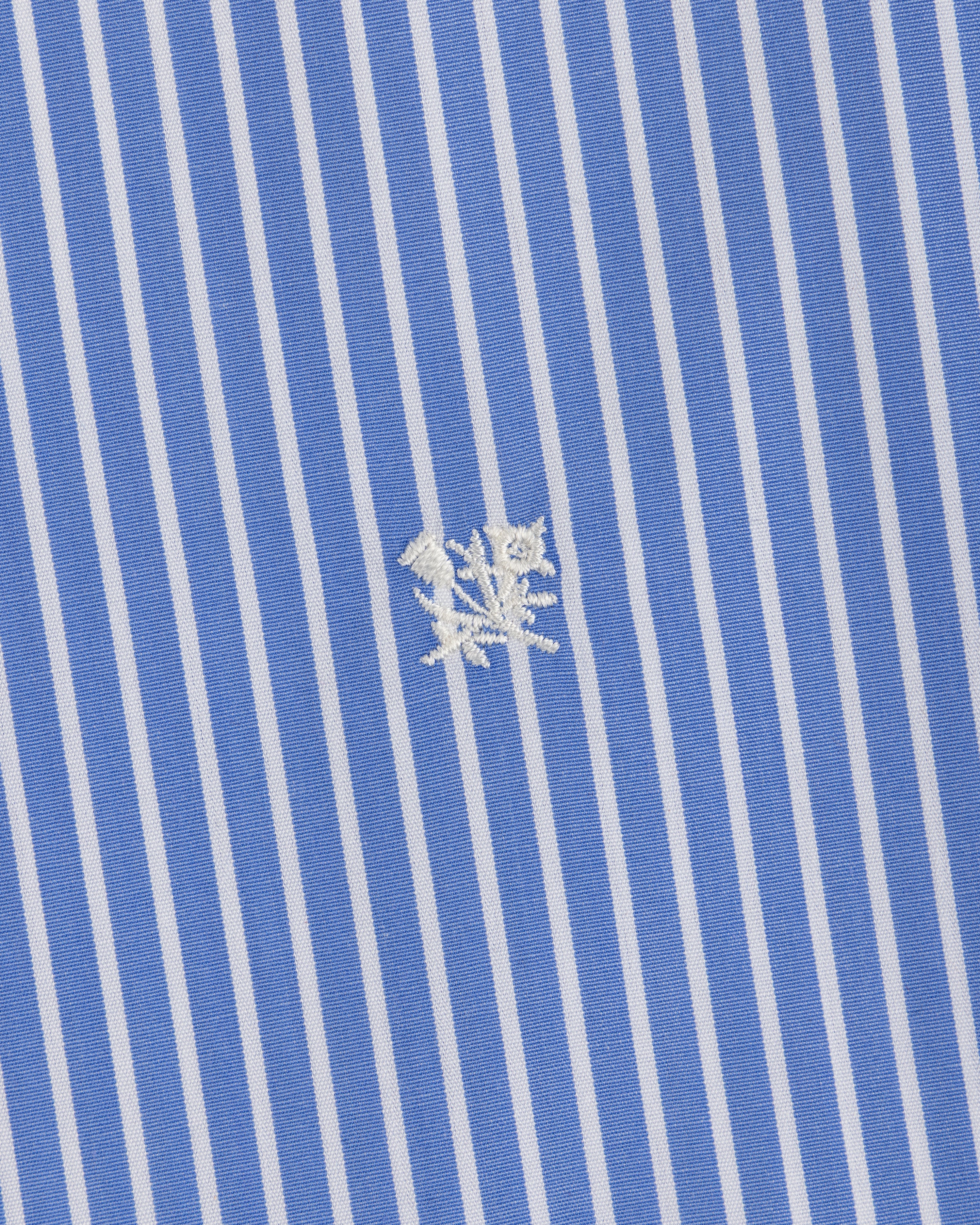 Striped Button Down Poplin Shirt in blue and white stripes with small white floral embroidery.