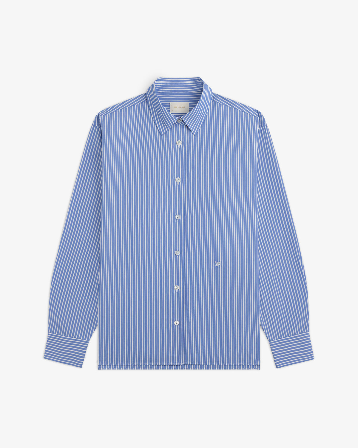 Blue and white striped long-sleeve Striped Button Down Poplin Shirt with a collar.