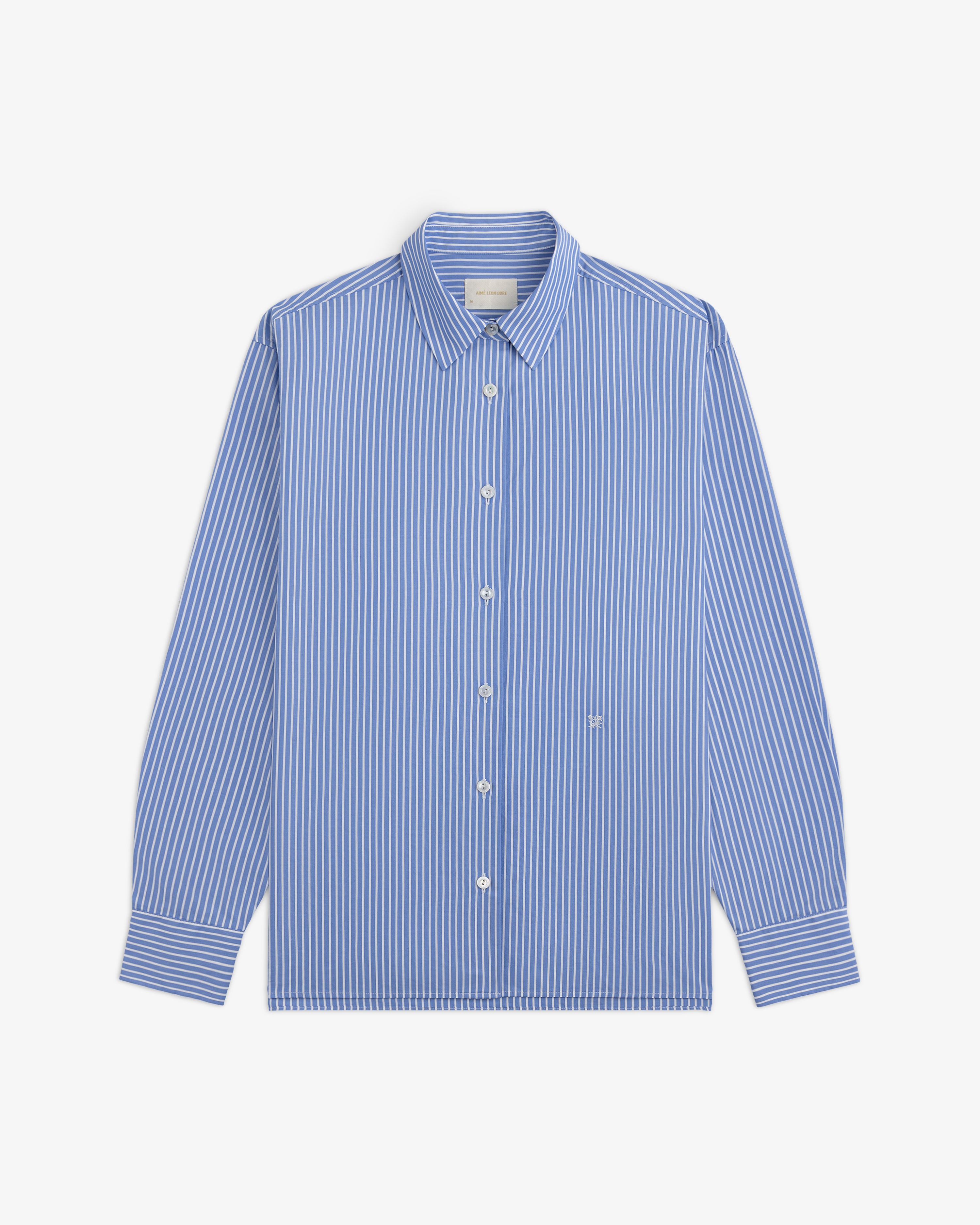 Blue and white striped long-sleeve Striped Button Down Poplin Shirt with a collar.