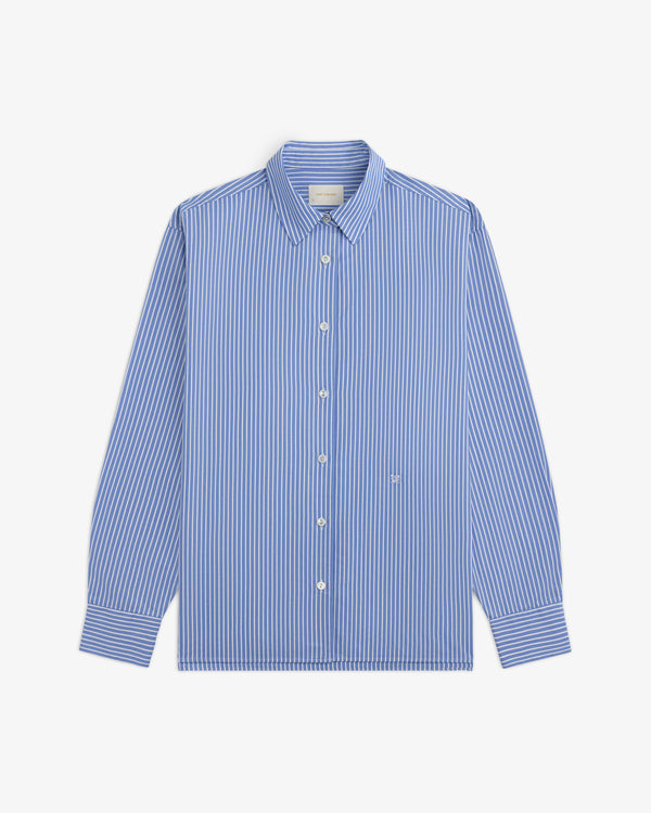 Blue and white striped long-sleeve Striped Button Down Poplin Shirt with a collar.