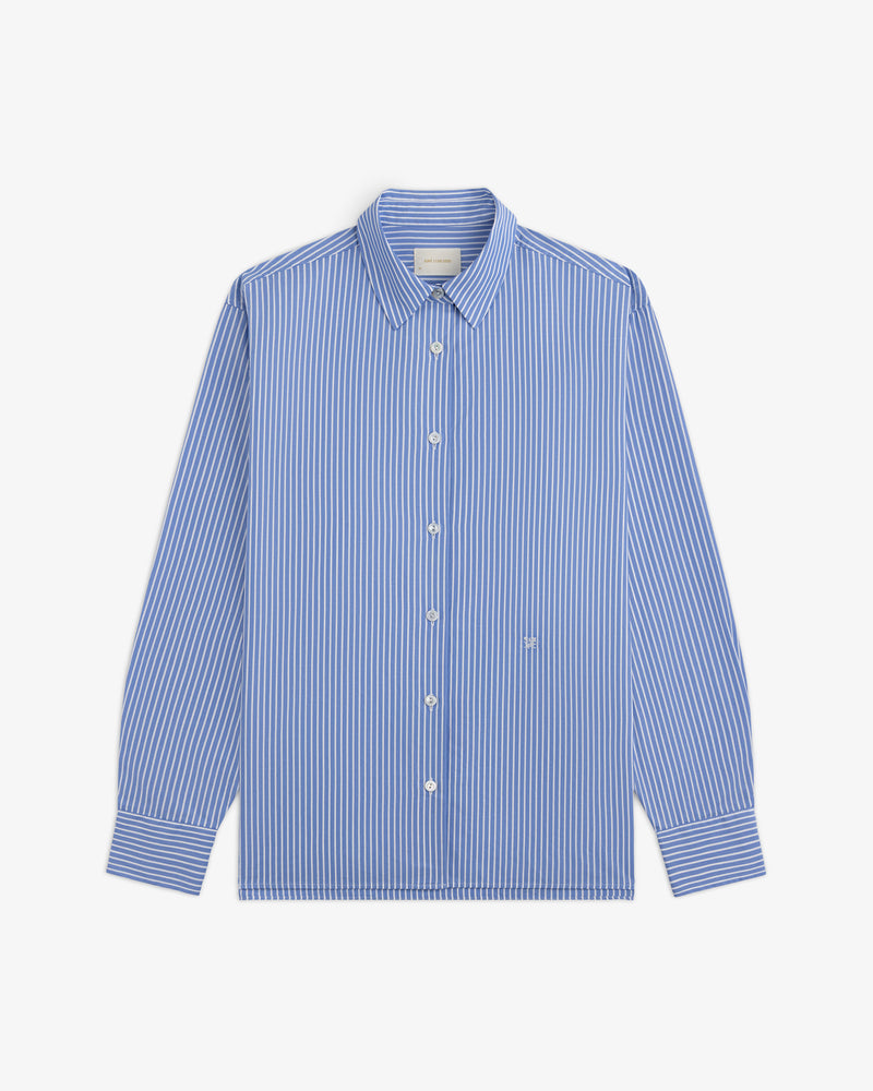 Blue and white striped long-sleeve Striped Button Down Poplin Shirt with a collar.