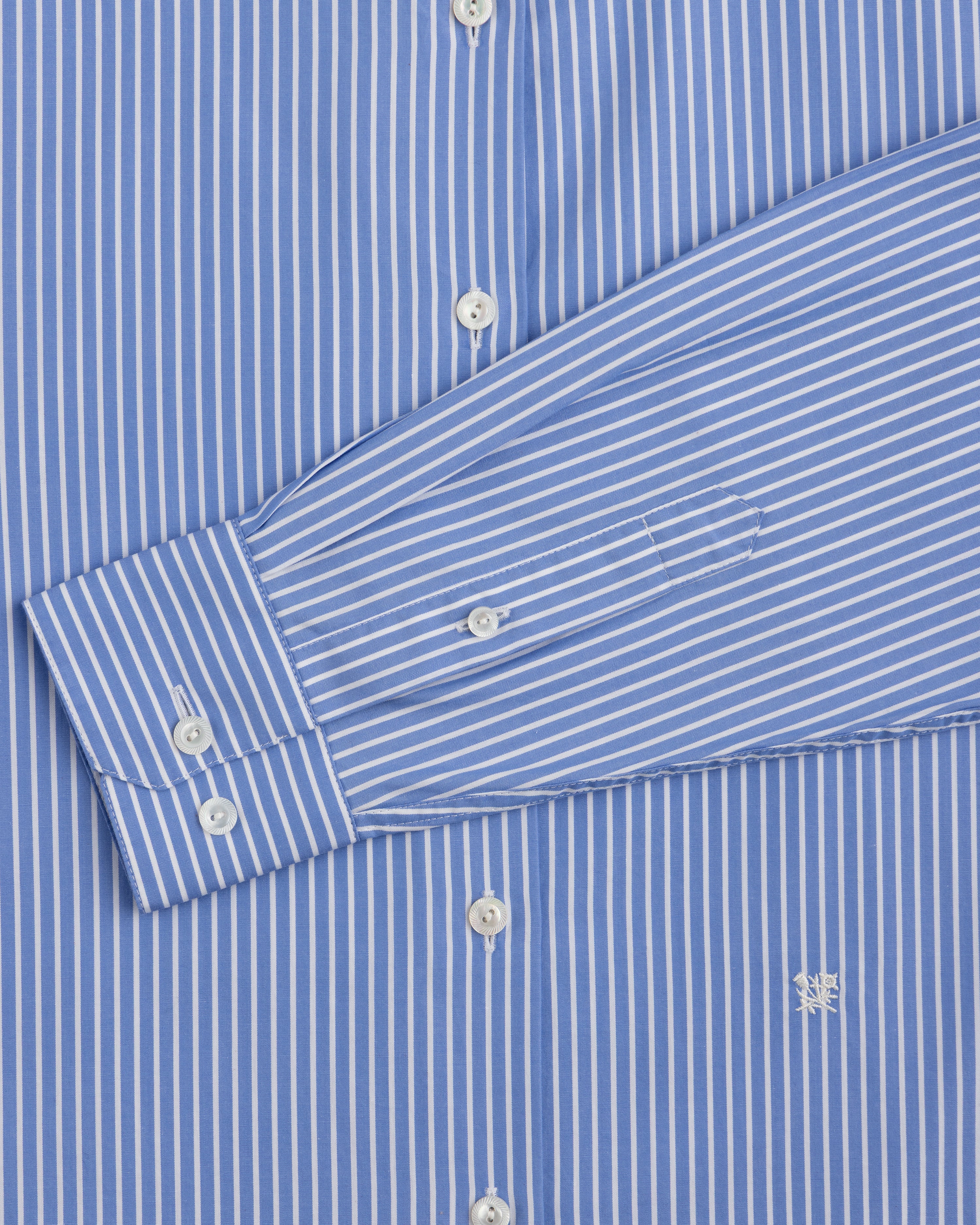 Striped Button Down Poplin Shirt in blue and white vertical stripes with a long-sleeved button-down collar and chest logo.