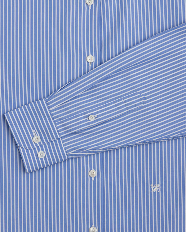 Striped Button Down Poplin Shirt in blue and white vertical stripes with a long-sleeved button-down collar and chest logo.