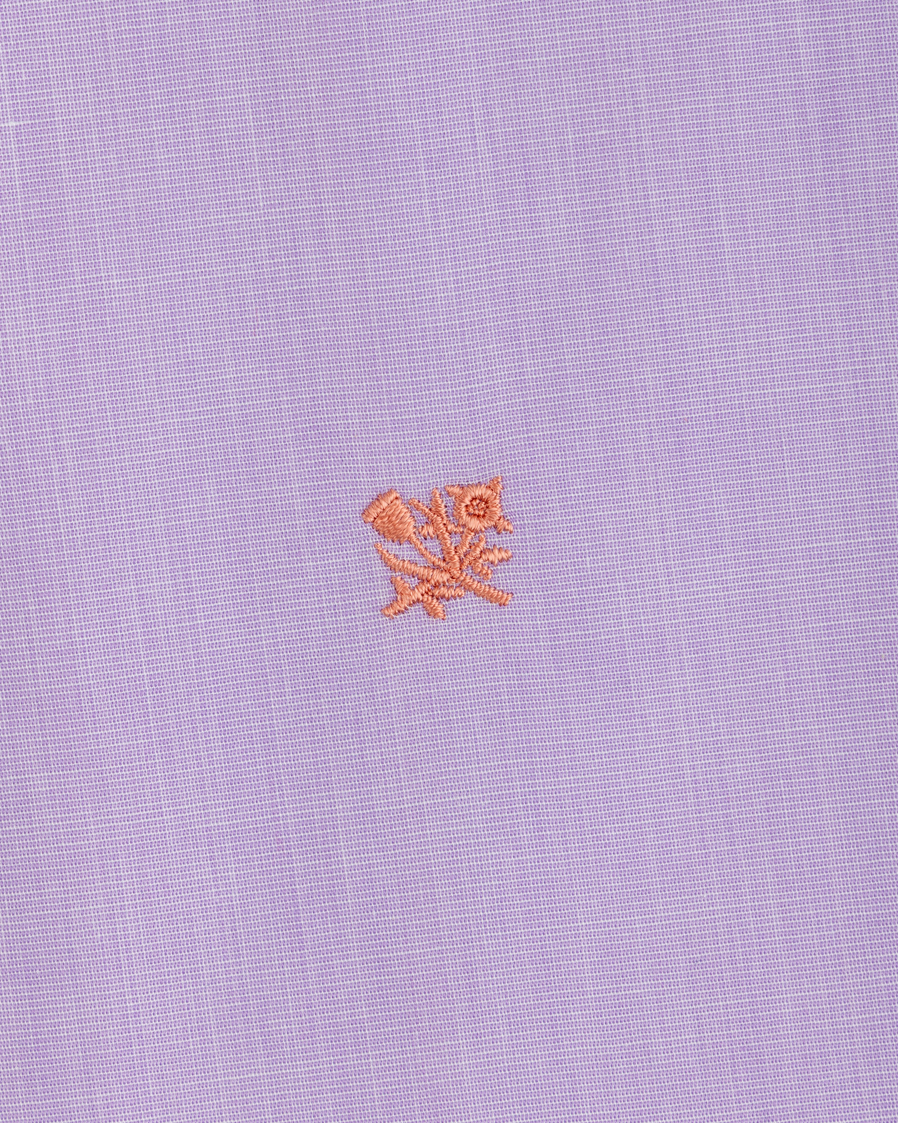 Button Down Poplin Shirt in light purple fabric featuring a small, embroidered coral-colored floral motif.