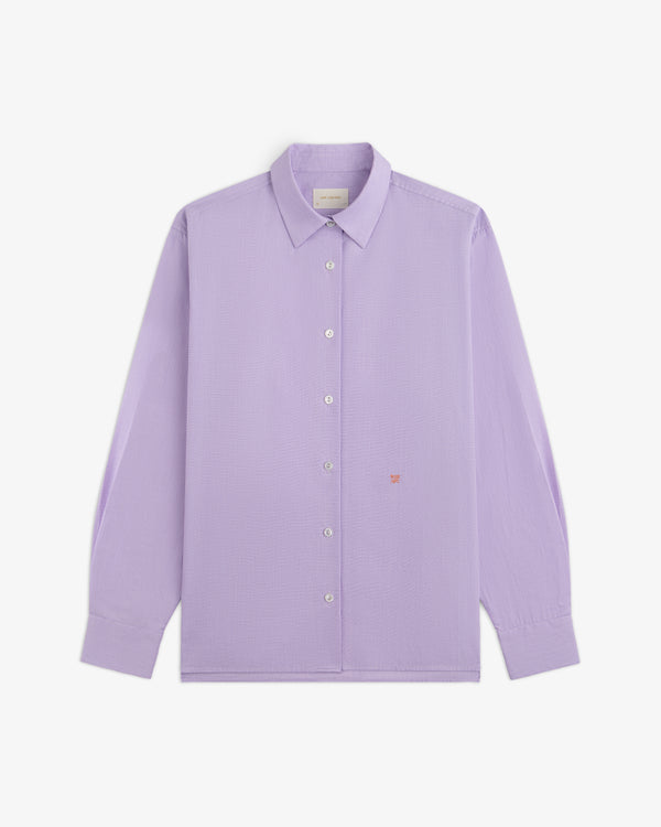 Light purple Button Down Poplin Shirt with long sleeves and a small embroidered logo on the chest.