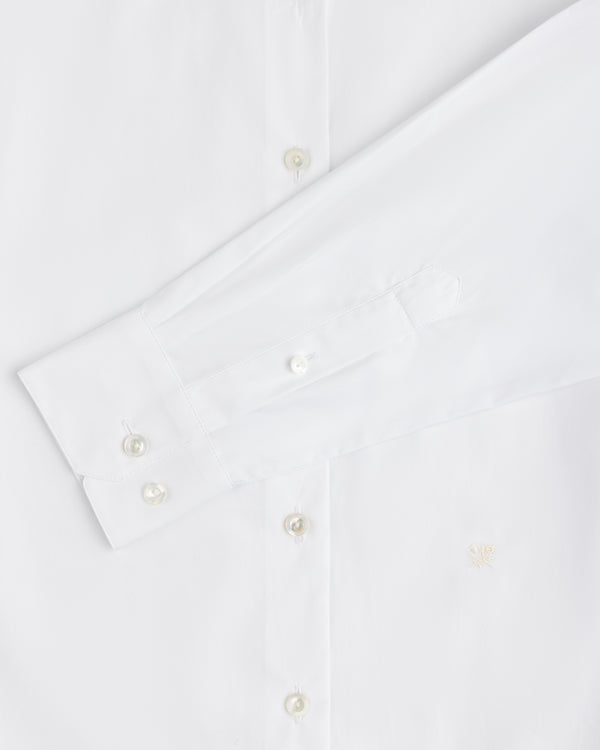 Button Down Poplin Shirt in white with long sleeves, two-button cuffs, and a small embroidered logo.
