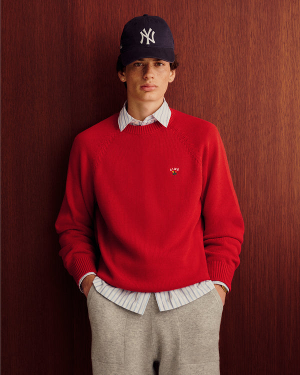 Young man in a Crest Raglan Sweater, striped shirt, gray pants, and navy NY cap stands by a wooden wall.