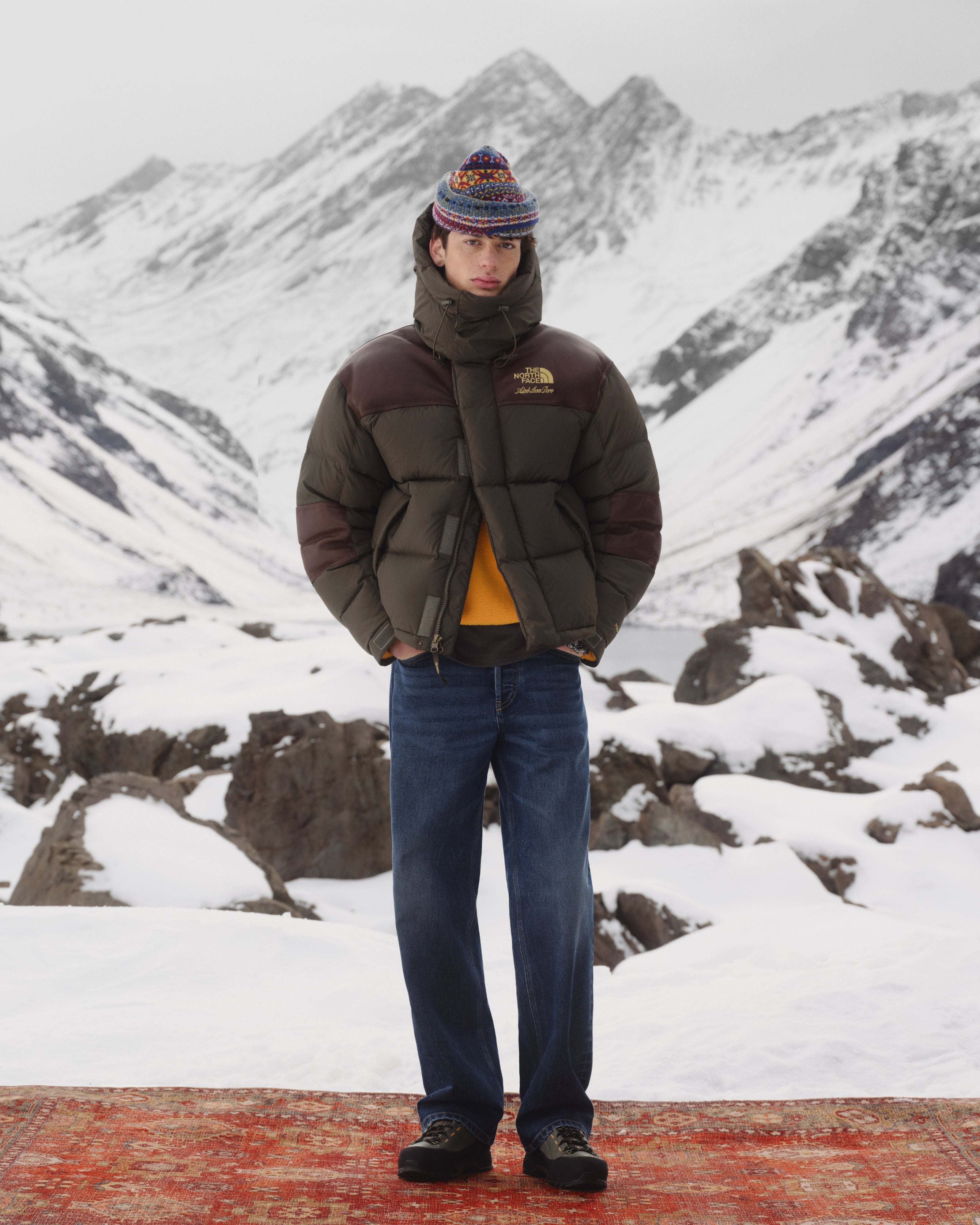A person in the ALD / The North Face Baltoro Jacket stands on a rug in snowy mountains with rocky peaks behind.