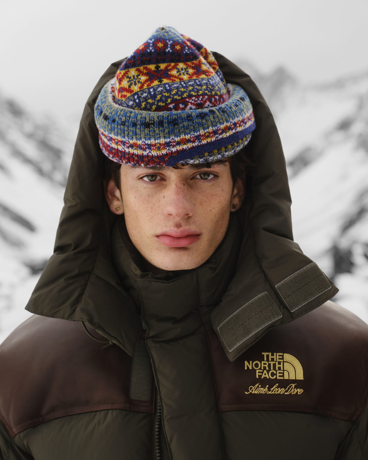 Wearing an ALD / The North Face Baltoro Jacket, a person stands before snowy mountains, facing the camera.