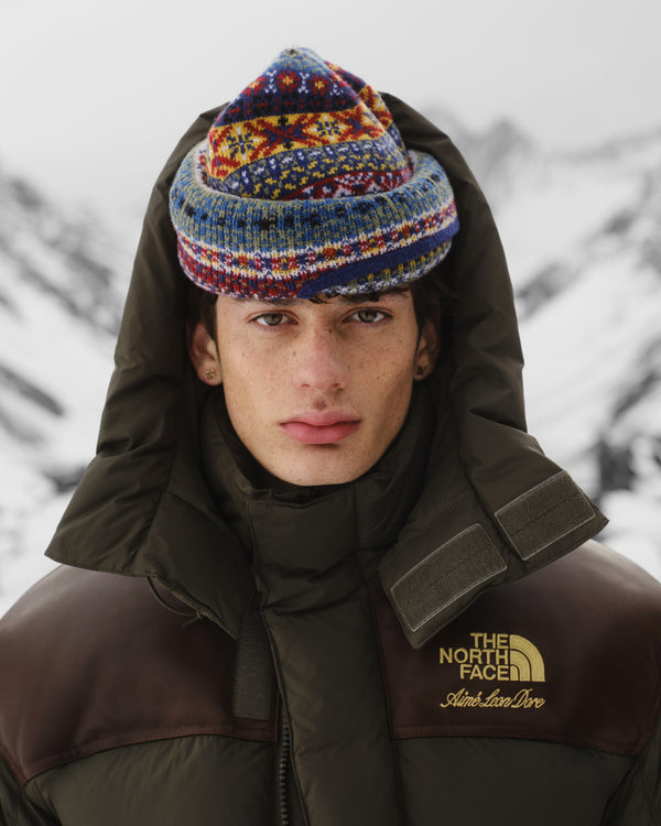 Wearing an ALD / The North Face Baltoro Jacket, a person stands before snowy mountains, facing the camera.
