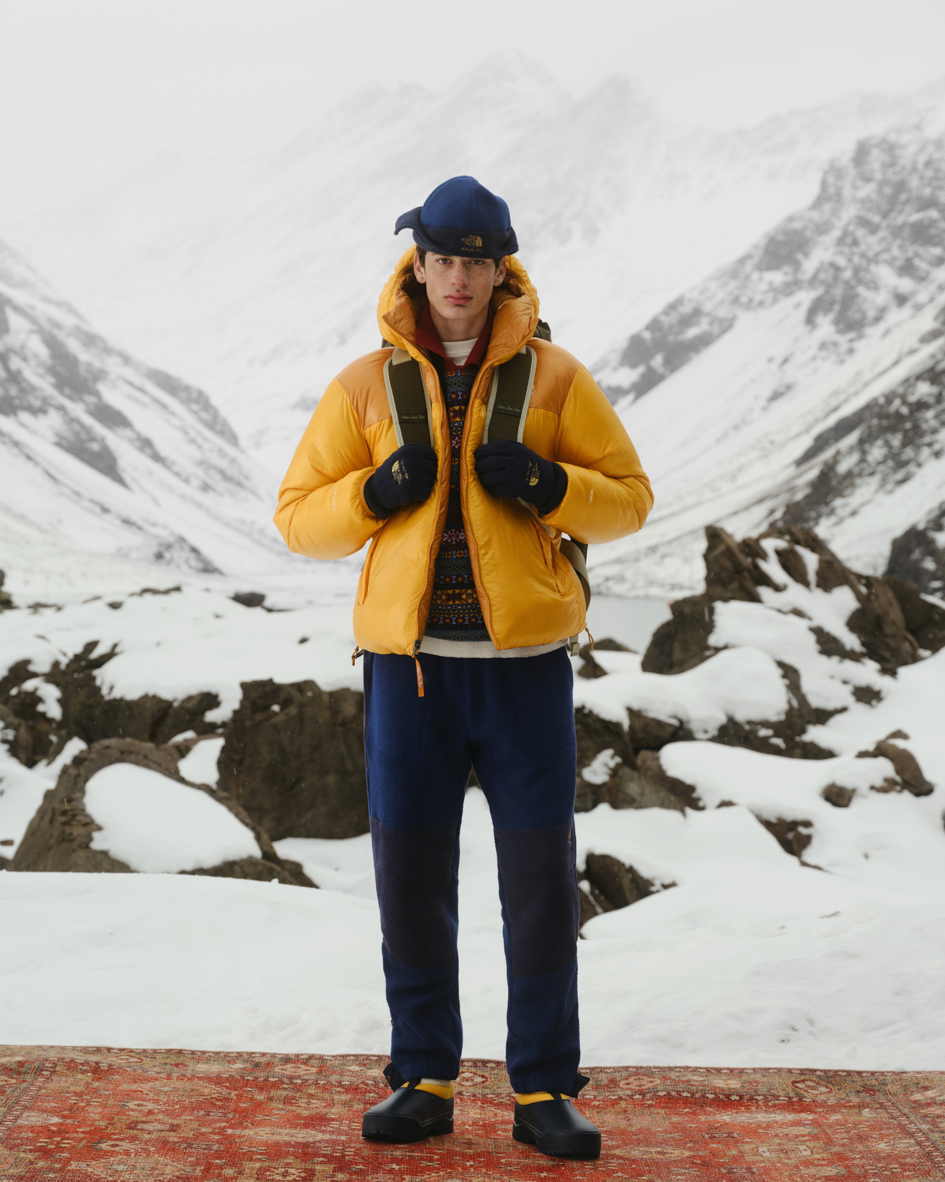A person in an ALD / The North Face Reversible Pertex® Nuptse Jacket stands on a red rug in snowy mountains.