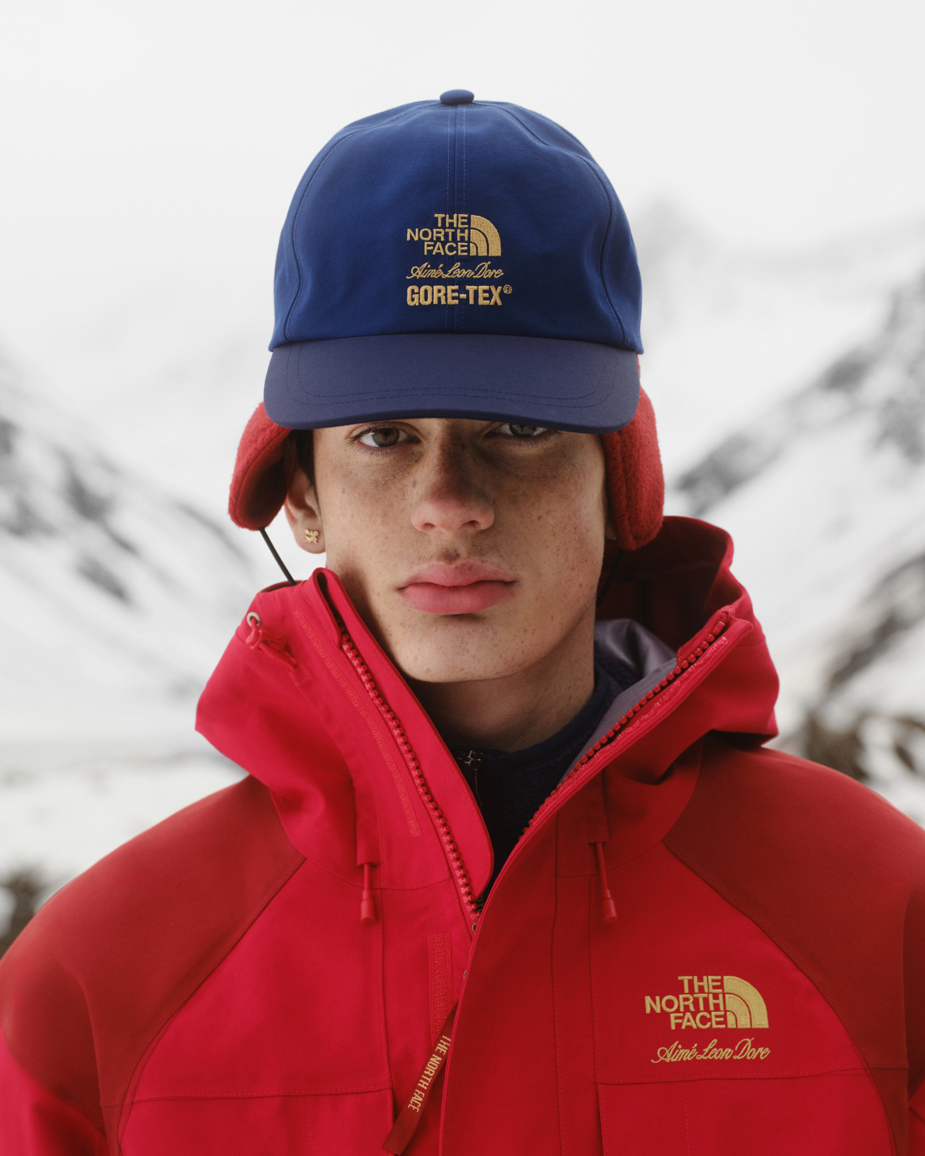 Person wears ALD / The North Face GORE-TEX 2000 Mountain Jacket in a snowy mountain landscape, facing the camera.