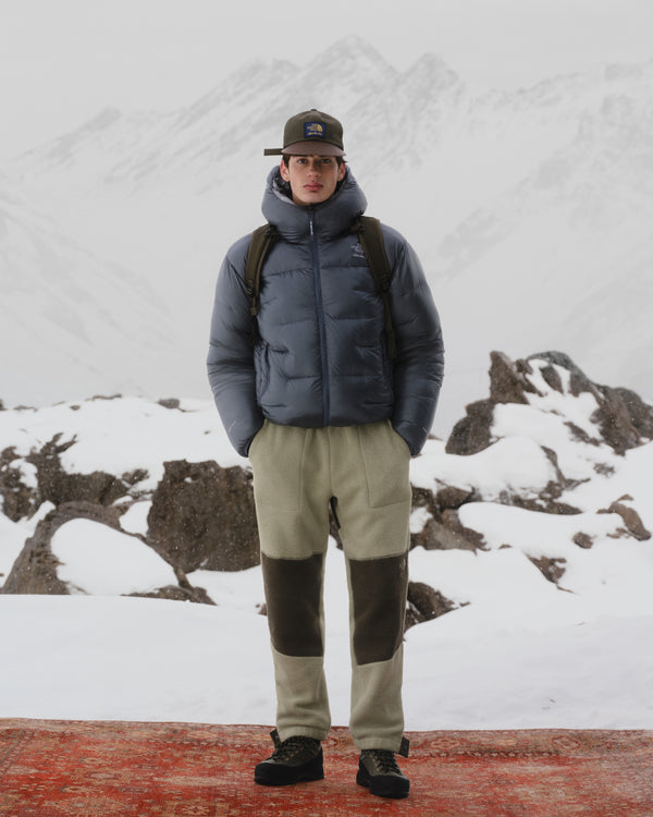 Man in ALD/The North Face Denali Fleece Pant stands on red rug outdoors, snowy mountains and rocks behind.
