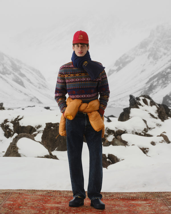 A person in winter clothes and a red hat stands on a snowy rug, wearing the ALD / The North Face Denali Fleece Scarf.