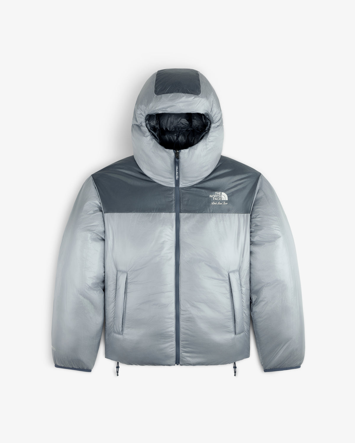 Gray ALD/The North Face Reversible Pertex® Nuptse Jacket with hood, zip closure, and two front pockets.