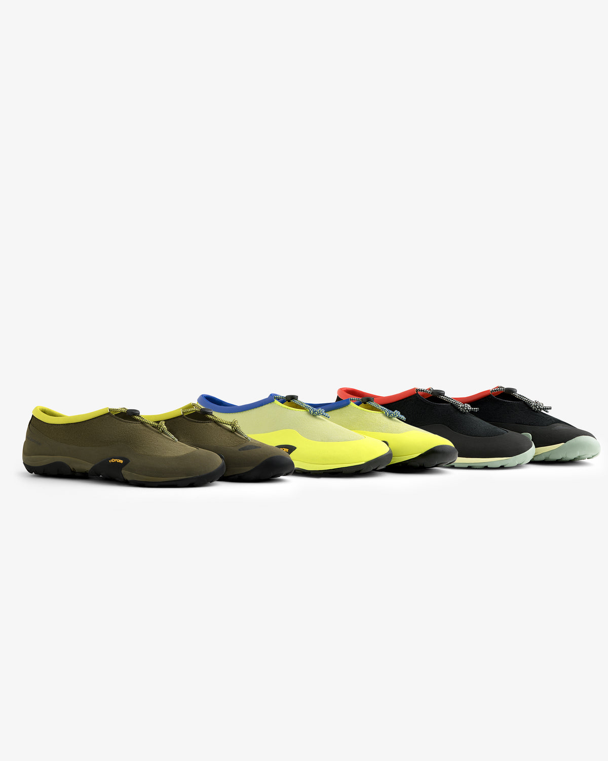 Five pairs of ALD / New Balance MT10T Sport Shoes in yellow, olive, blue, red, and black on a white background.