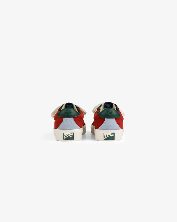 Back view of ALD / Last Resort AB VM001-LO Suede sneakers, red/white/green with heel logo on white background.