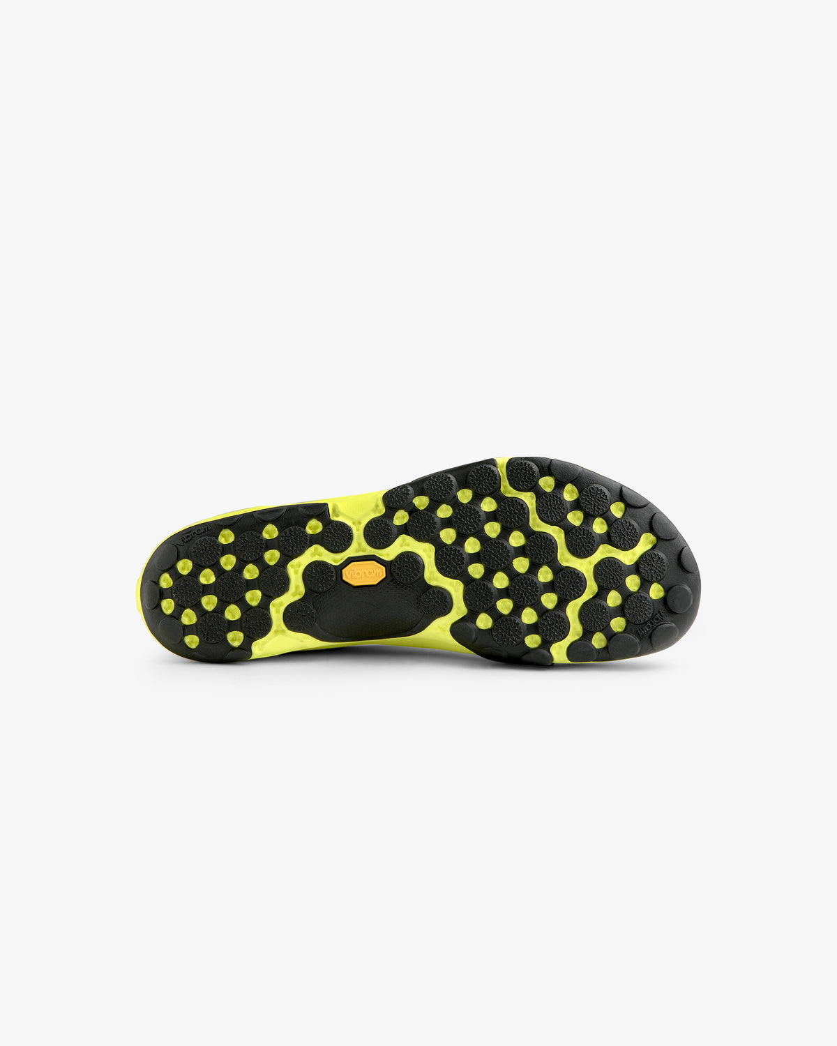 ALD / New Balance MT10T Sport Shoe sole in black and yellow with hexagonal treads, shown from the bottom on white.