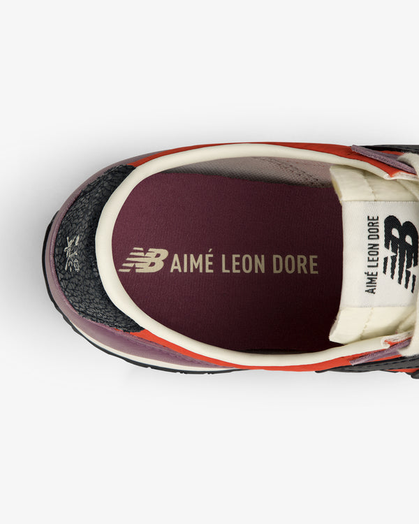 Top view of ALD / New Balance 471 with AIMÉ LEON DORE branding on the maroon insole and tongue.