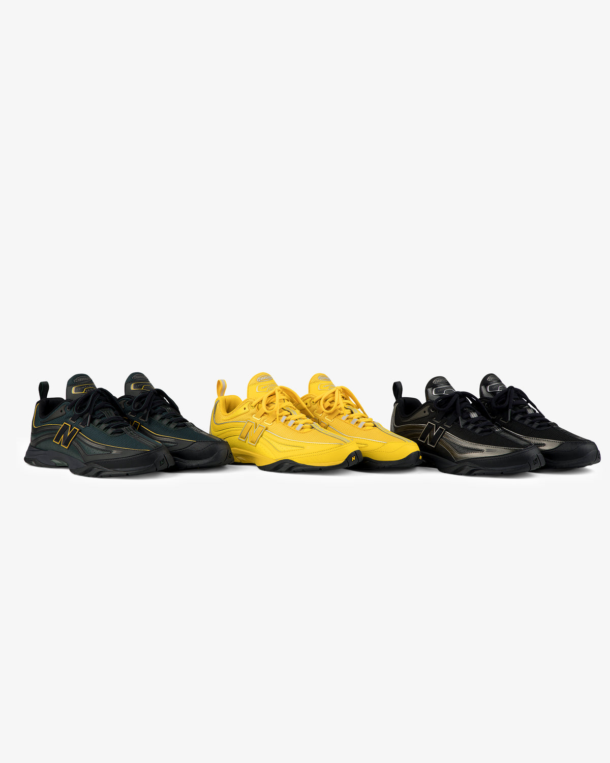 Three pairs of ALD / New Balance RC56 sneakers—green, yellow, and black—lined up on a white background.