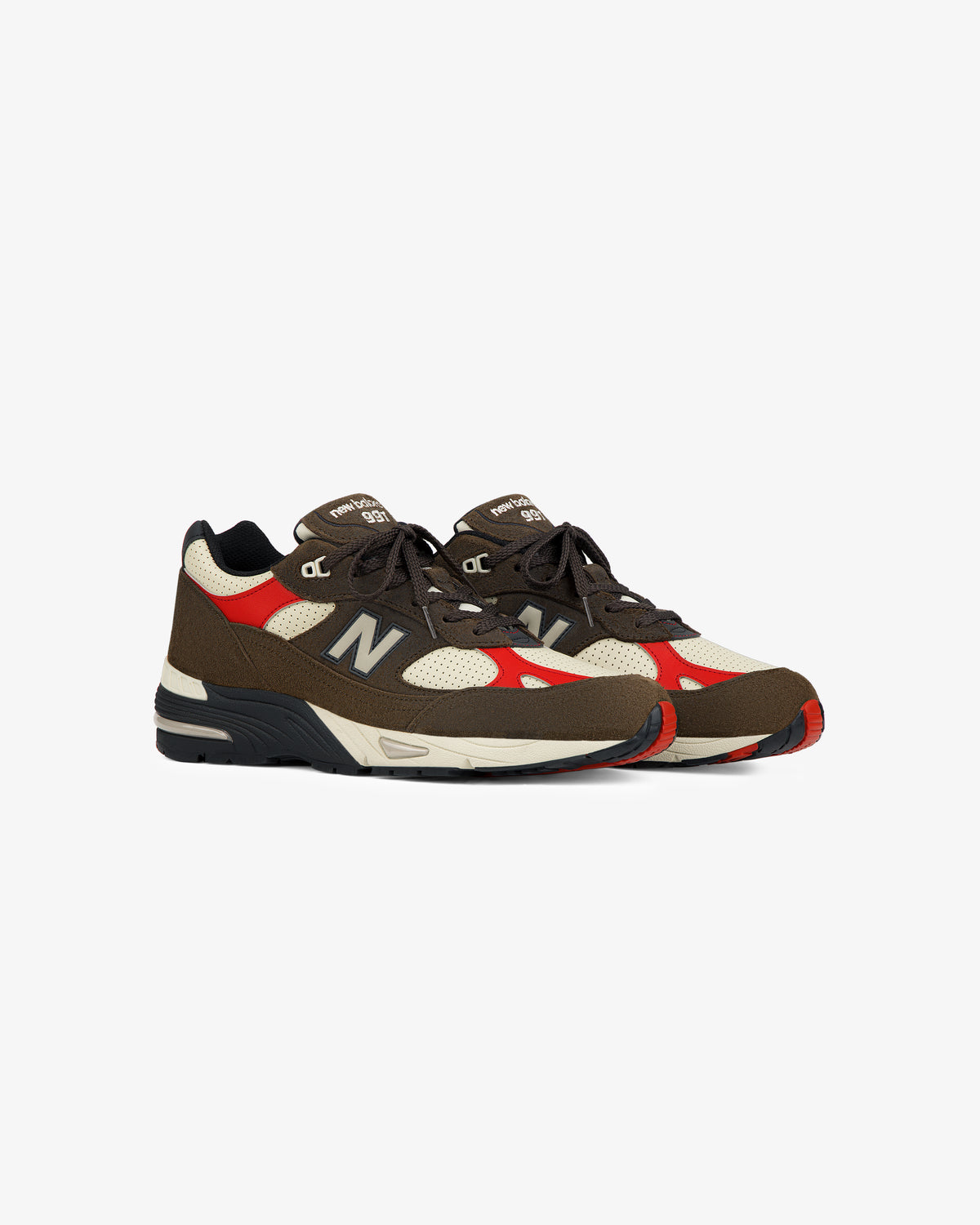 ALD / New Balance Made in UK 991 sneakers in brown, beige, red & black mesh and suede, shown on white background.