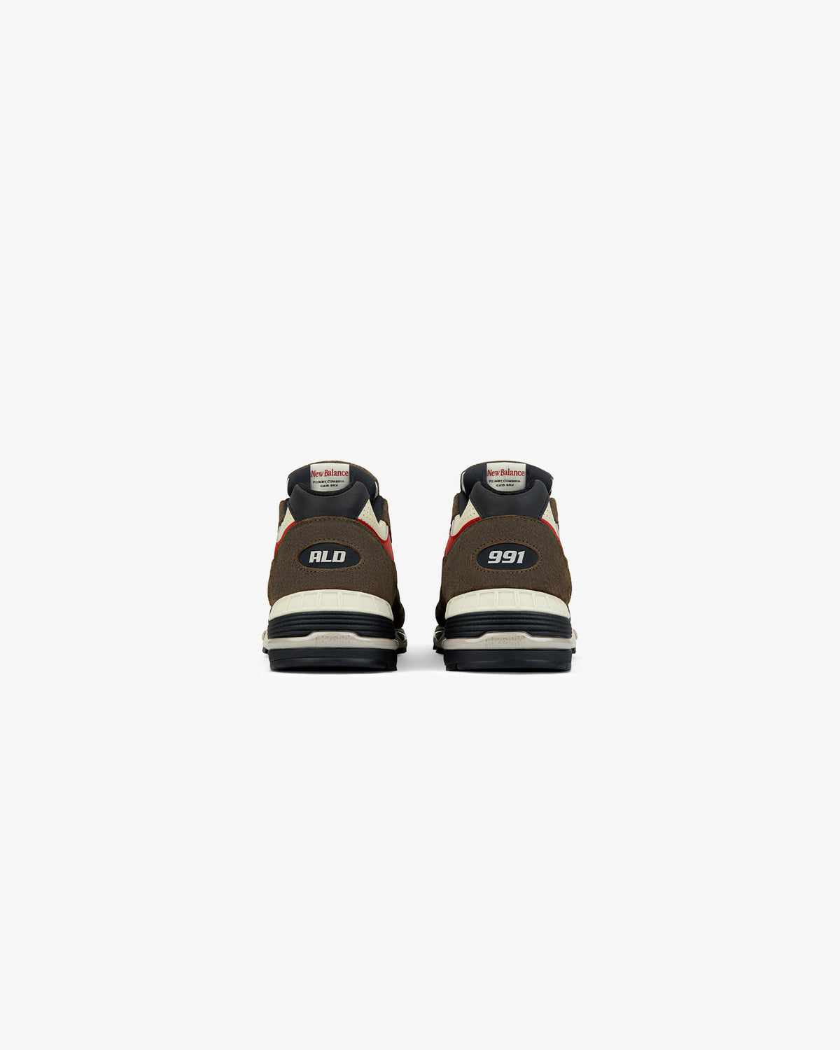 Back view of ALD / New Balance Made in UK 991 sneakers with ALD and 991 on brown suede heels.