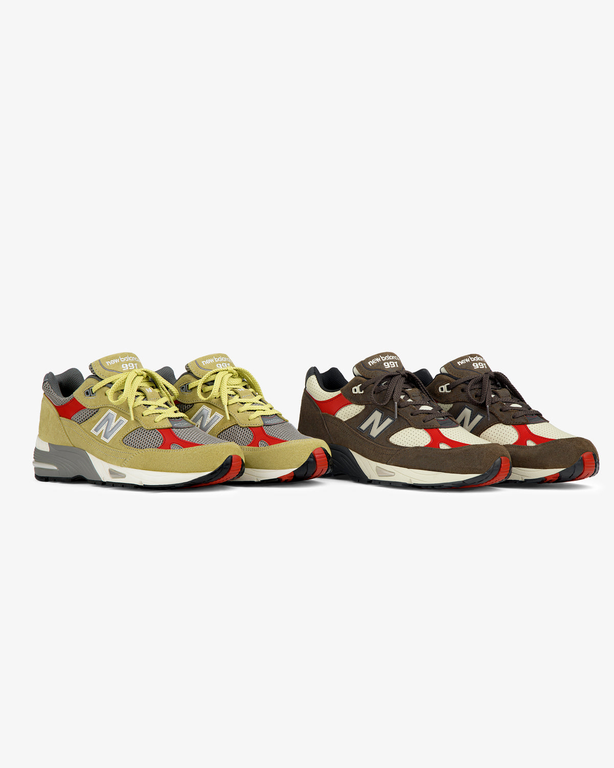 Two pairs of ALD / New Balance Made in UK 991 sneakers in yellow/gray and brown/red on a white background.