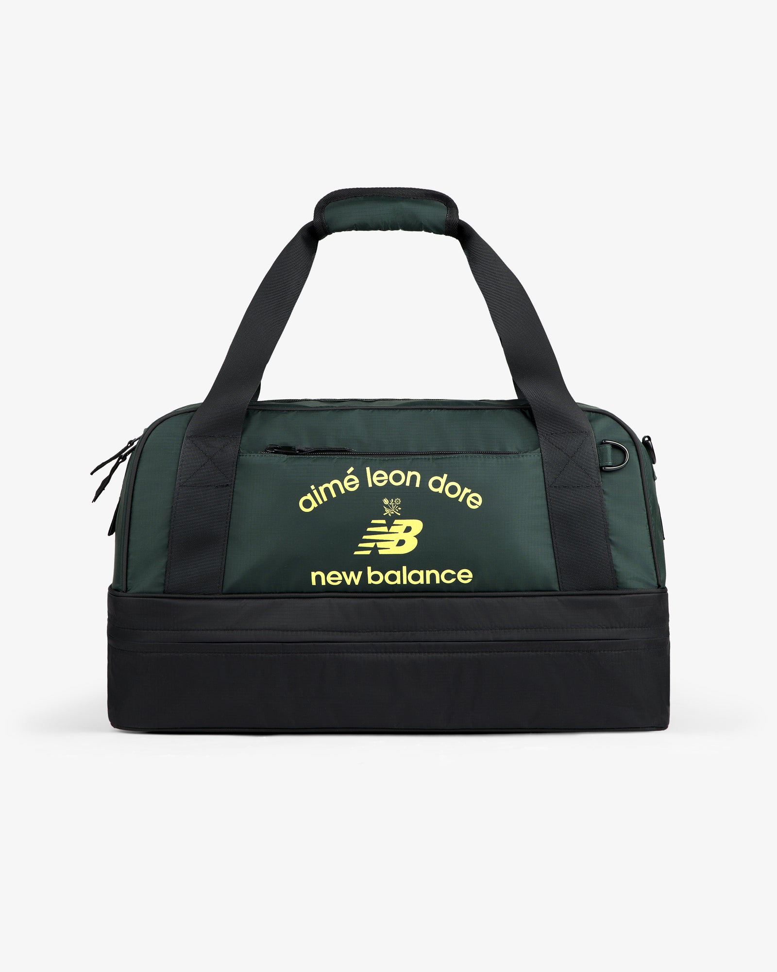 The ALD / New Balance Travel Duffle Bag is dark green and black with yellow logos on the front.