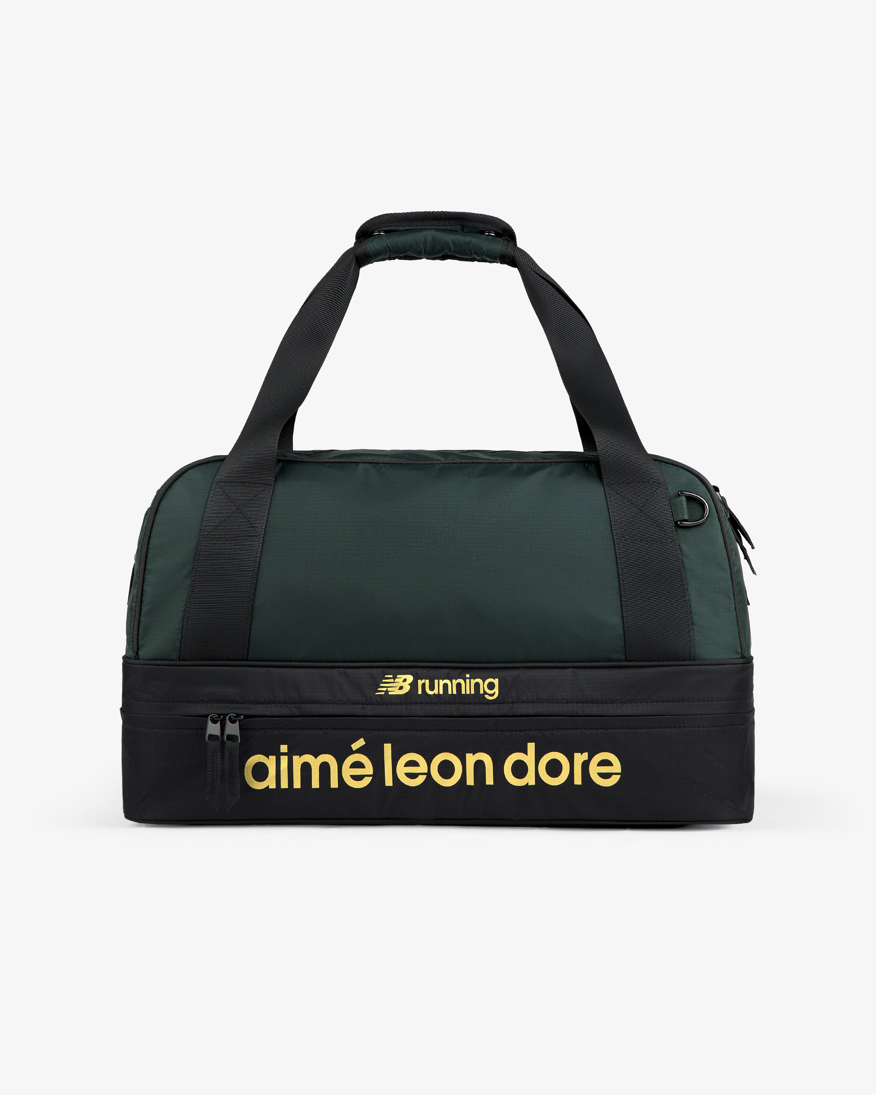 The ALD / New Balance Travel Duffle Bag is dark green and black with yellow "NB running" and "aimé leon dore" text.