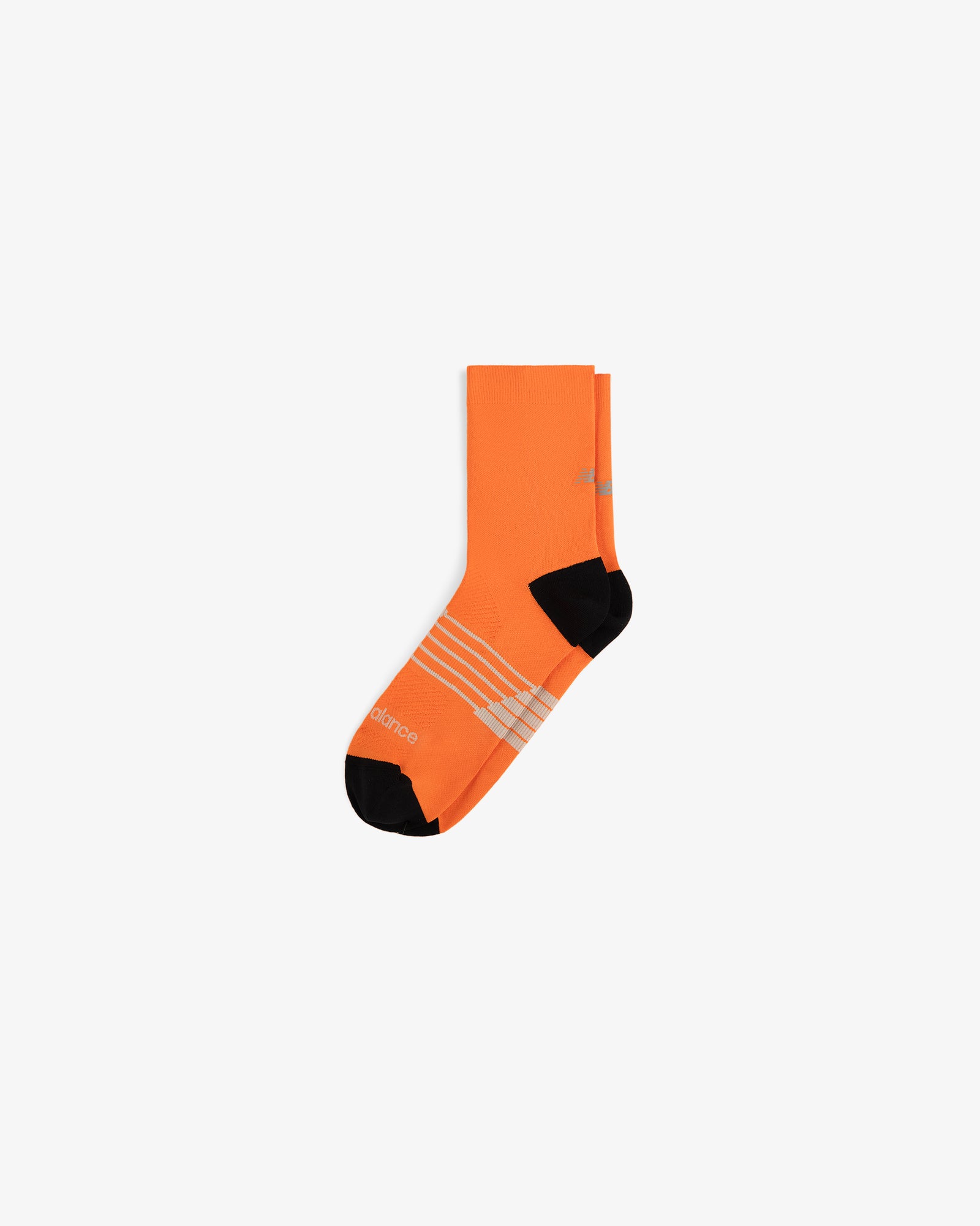 The ALD / New Balance Running Crew Sock is orange with black toe/heel, white diagonal ankle stripes, and a small logo.