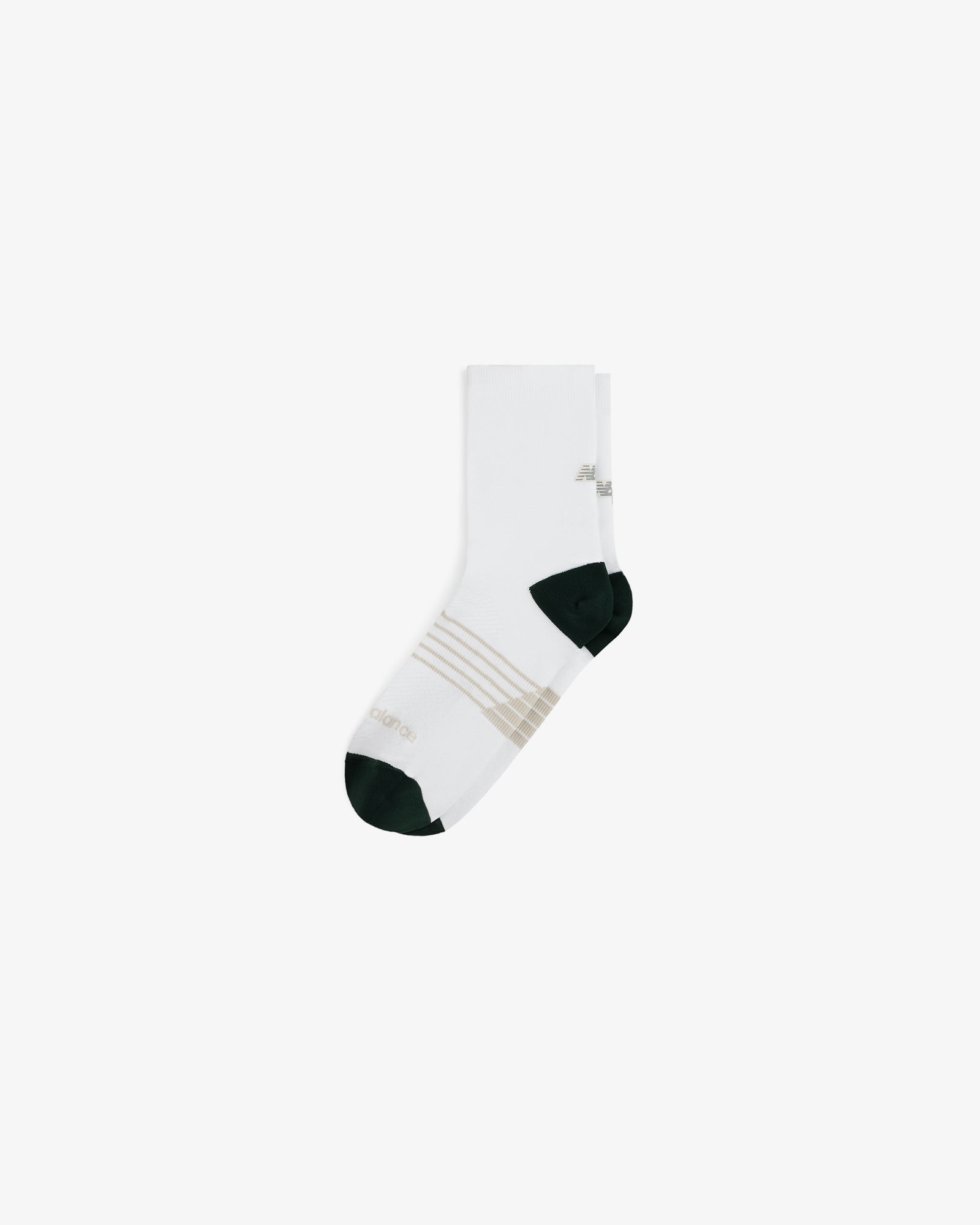 ALD / New Balance Running Crew Sock in white with beige stripes and dark green toe and heel on white background.