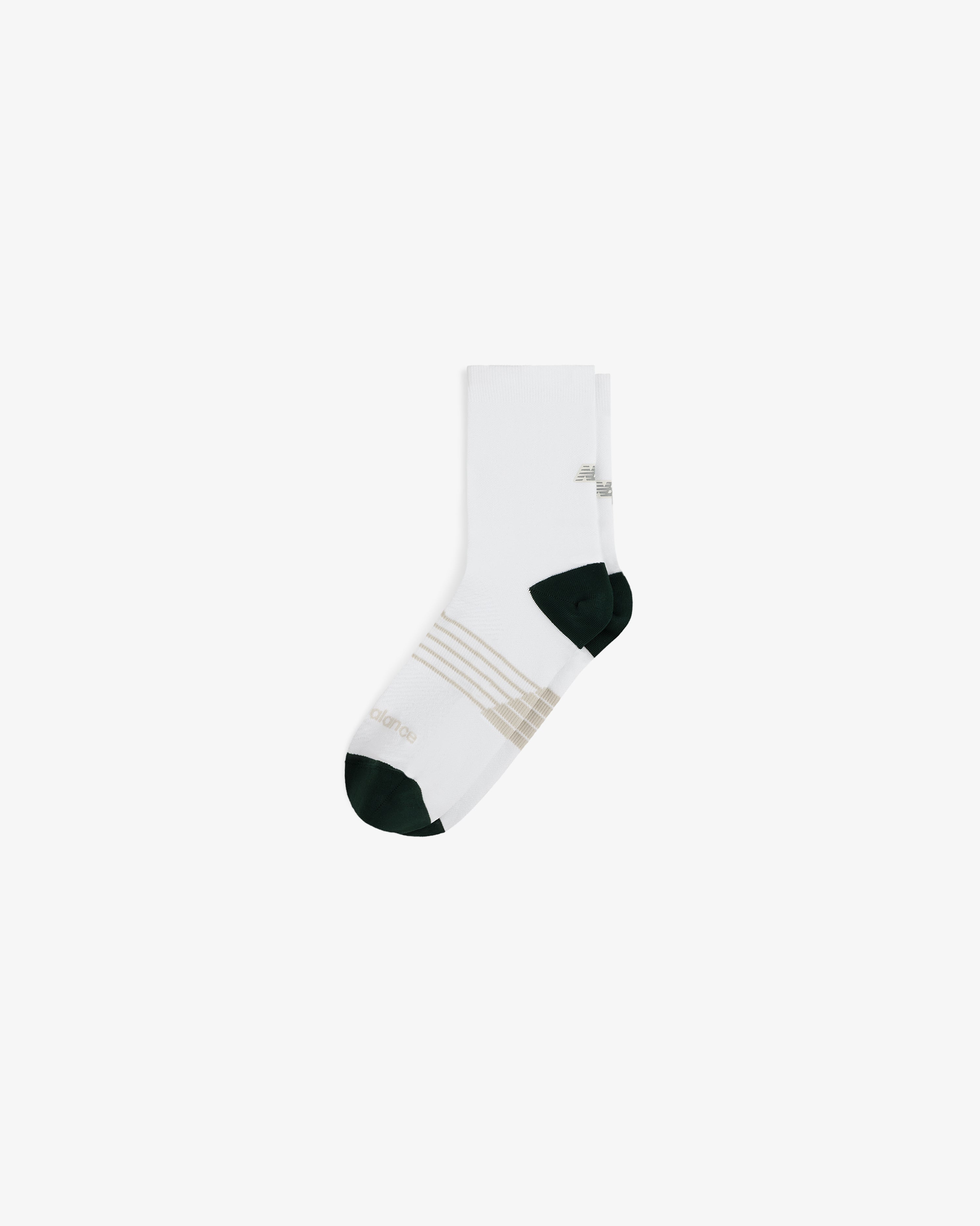 ALD / New Balance Running Crew Sock in white with beige stripes and dark green toe and heel on white background.