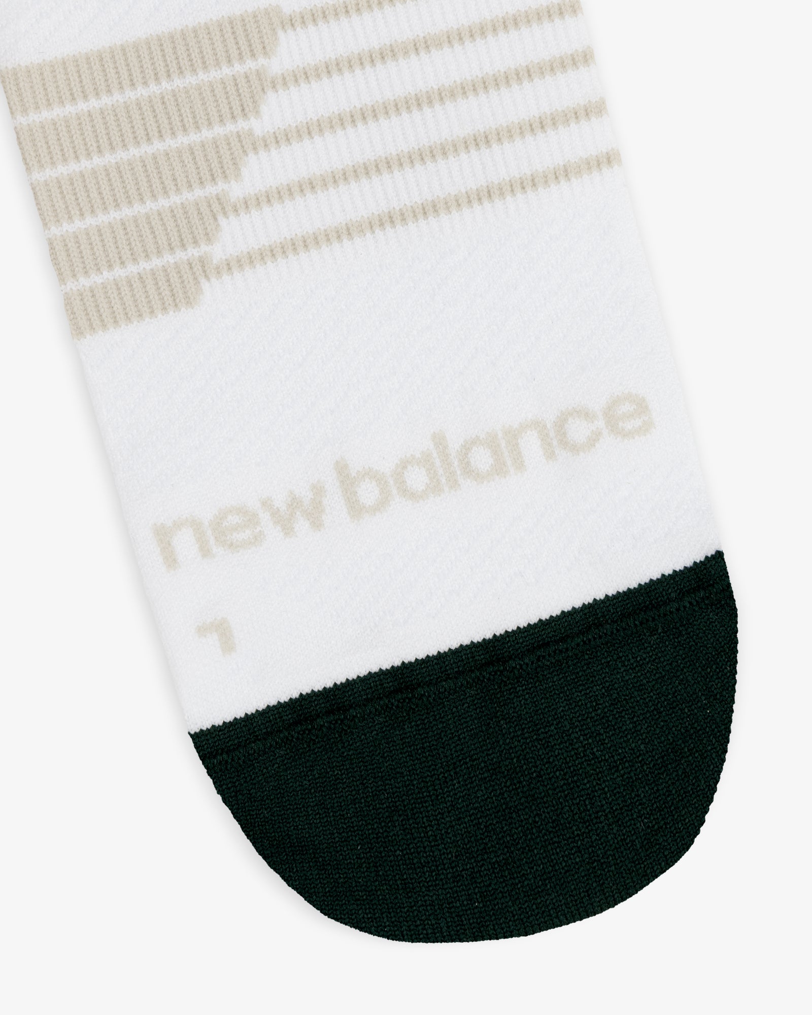 ALD / New Balance Running Crew Sock: white with beige stripes, black toe, and beige "new balance" near the toe.