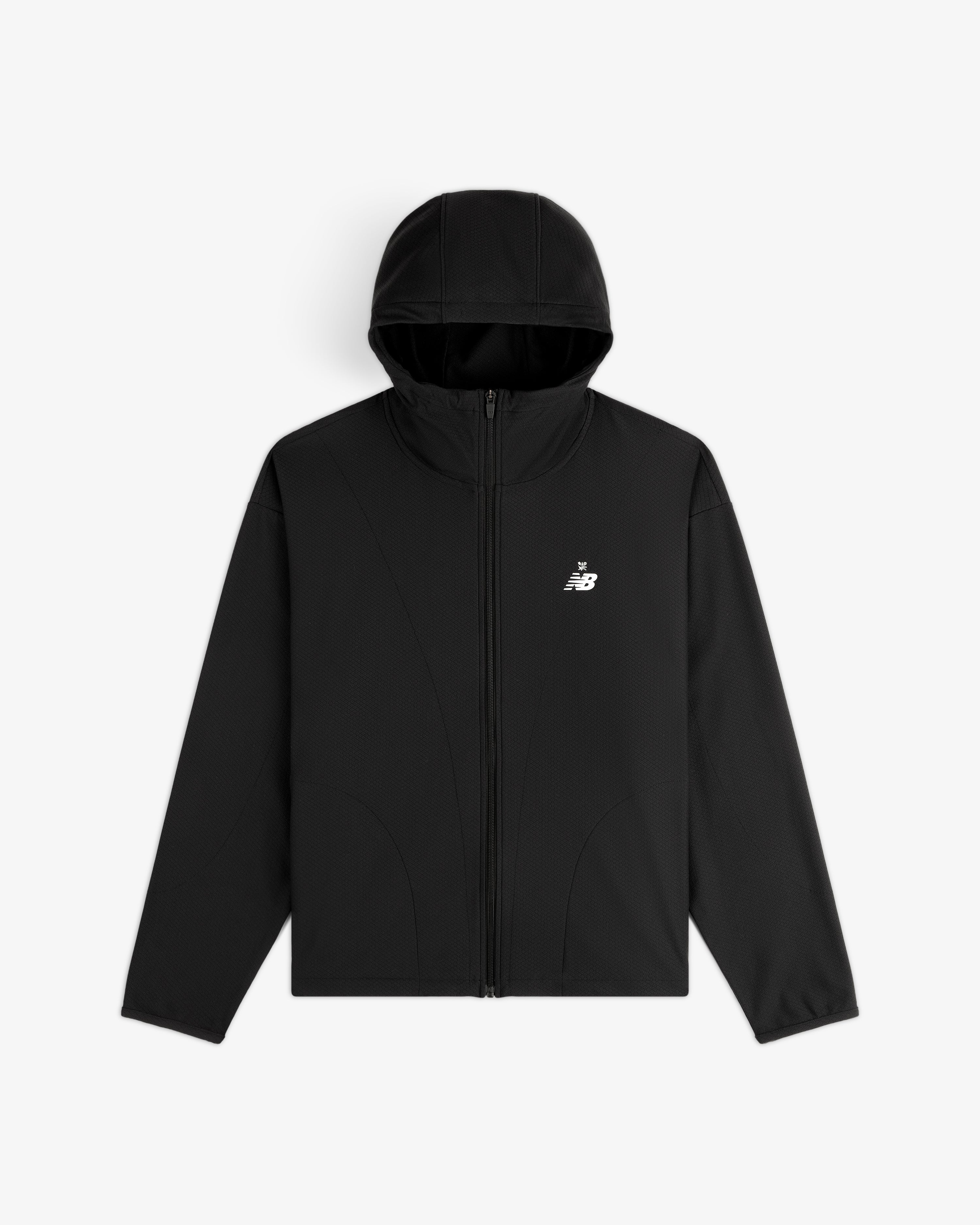 ALD / New Balance Full-Zip Warmup Hoodie in black with a hood and small white logo, shown on a white background.
