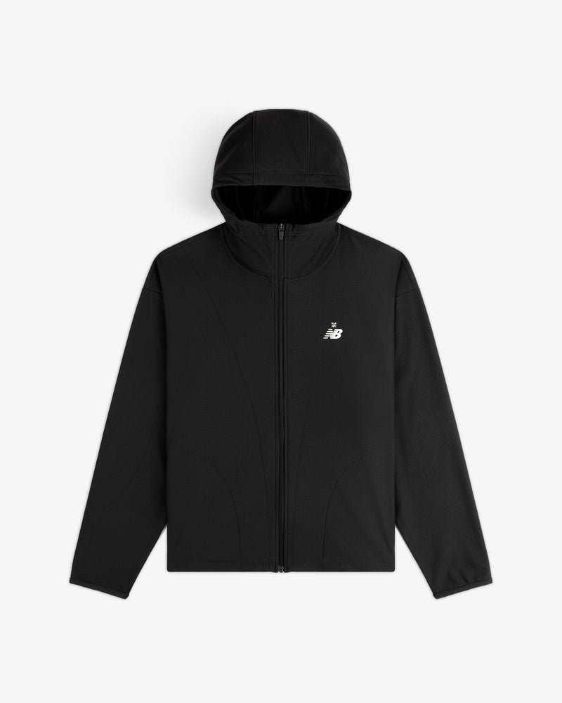 ALD / New Balance Full-Zip Warmup Hoodie in black with a hood and small white logo, shown on a white background.