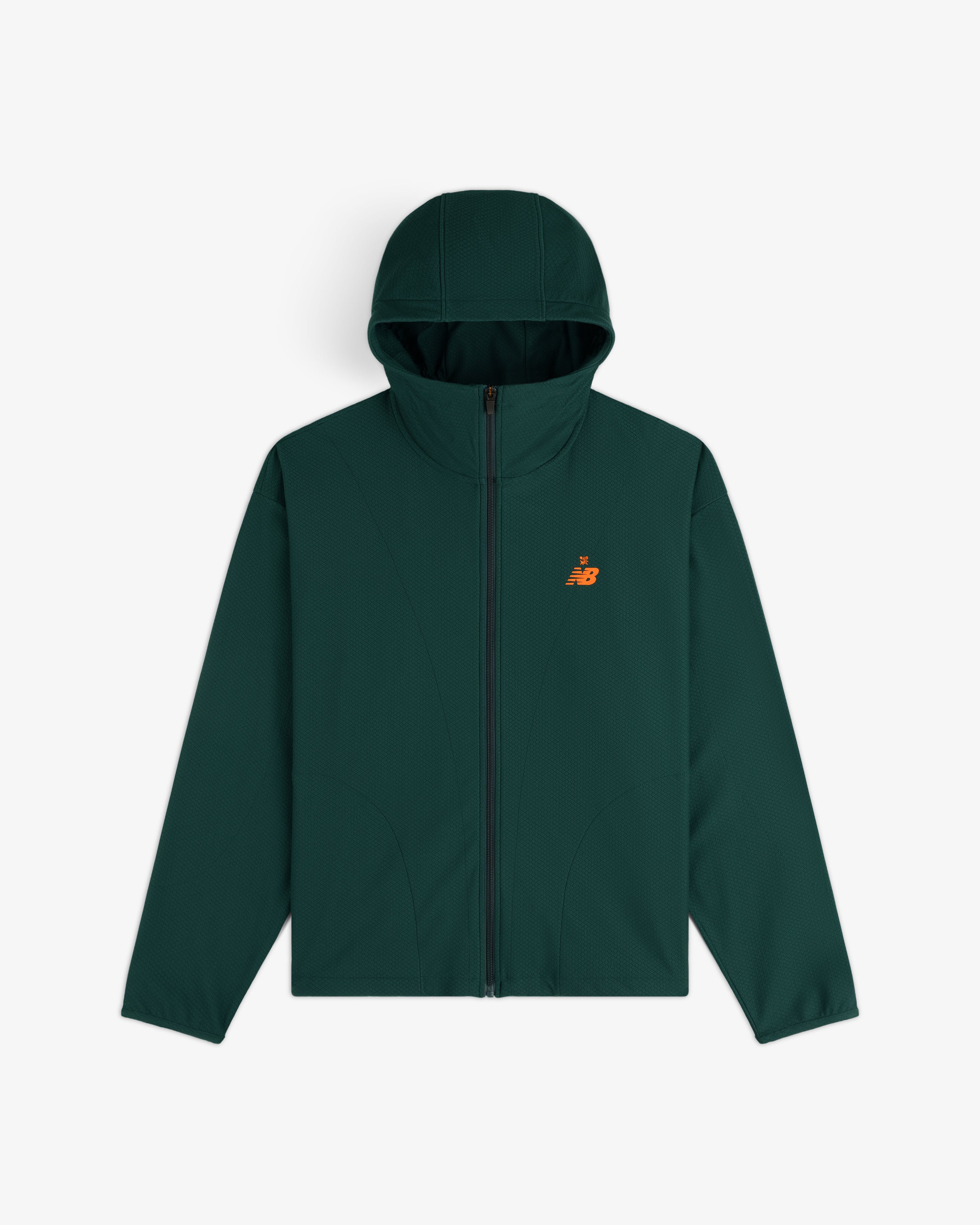 ALD / New Balance Full-Zip Warmup Hoodie in dark green with orange NB logo, shown on a white background.