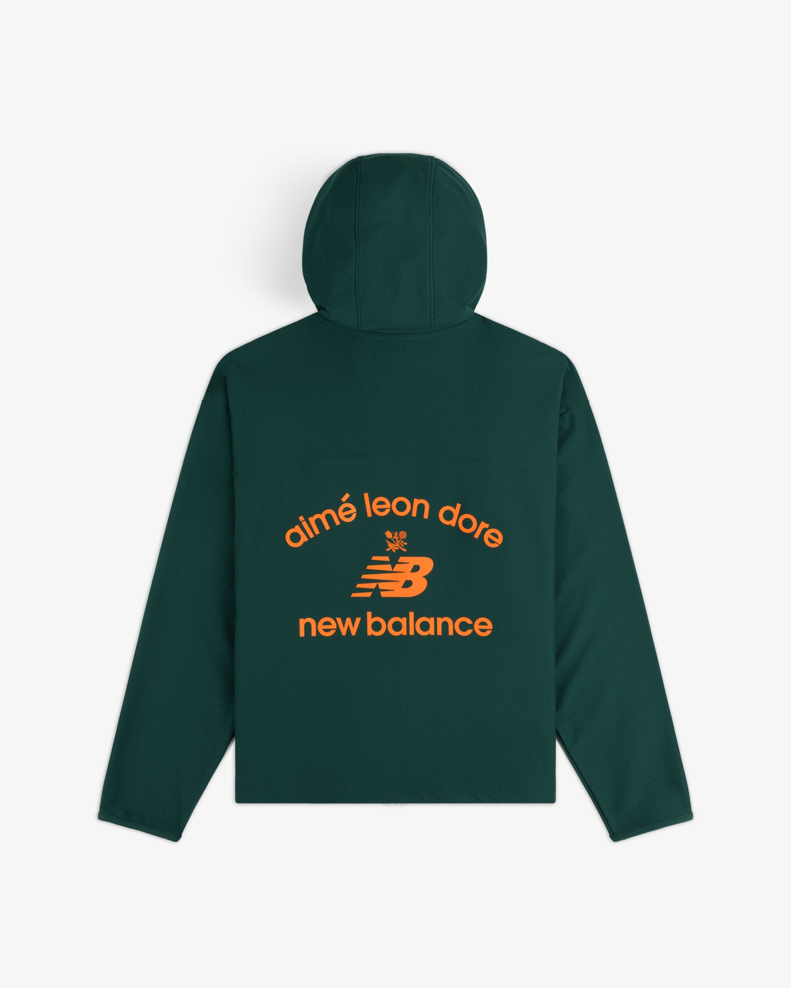 ALD / New Balance Full-Zip Warmup Hoodie in dark green with orange logos on the back.