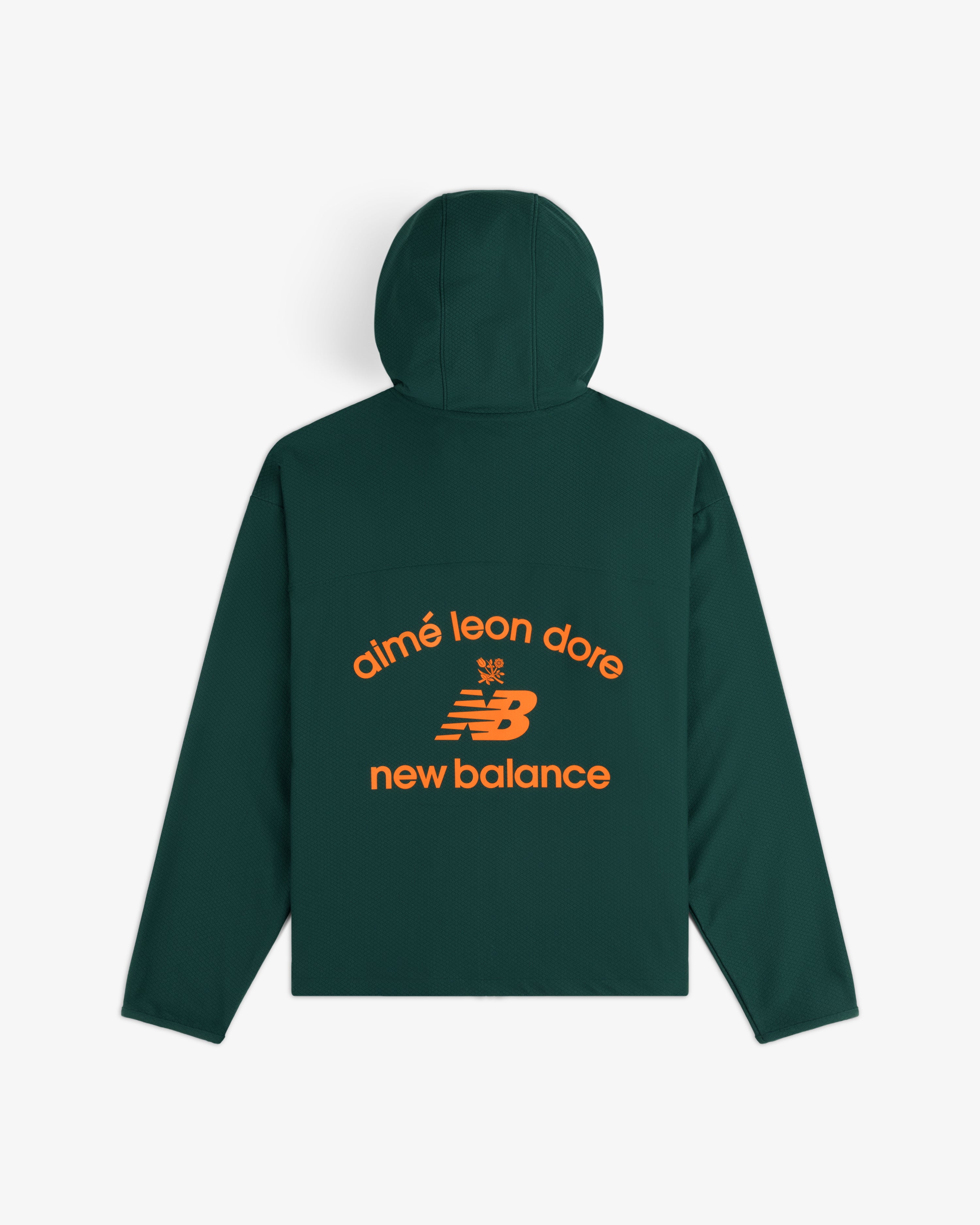 ALD / New Balance Full-Zip Warmup Hoodie in dark green with orange logos on the back.