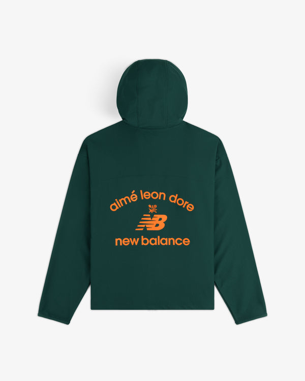 ALD / New Balance Full-Zip Warmup Hoodie in dark green with orange logos on the back.