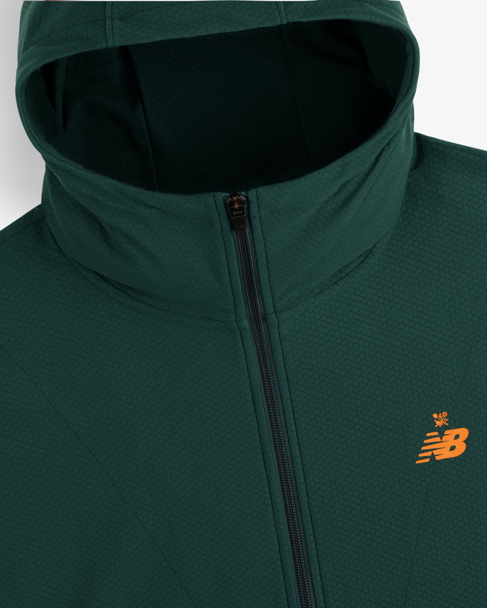 Dark green ALD/New Balance Full-Zip Warmup Hoodie with an orange logo on the chest.