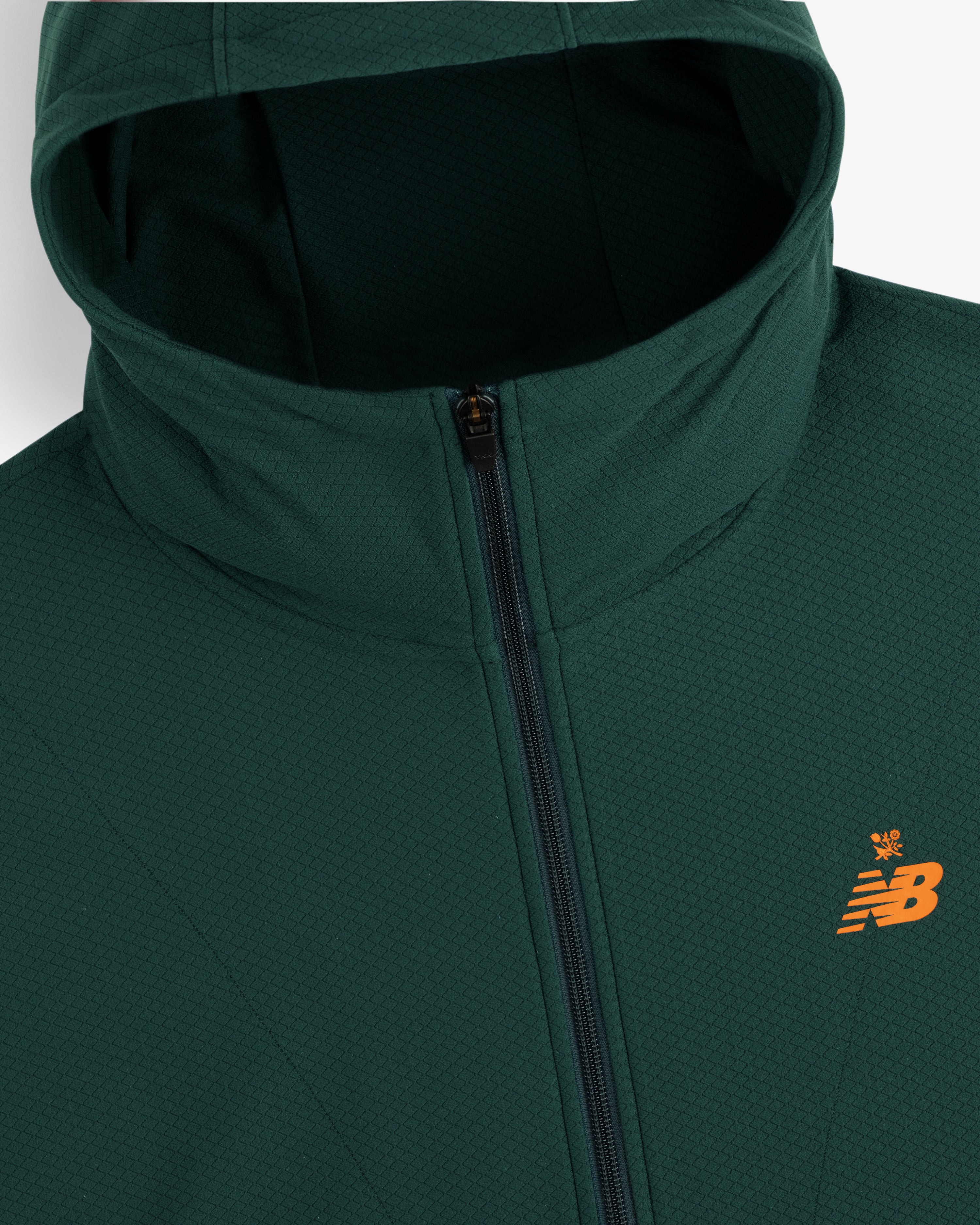 Dark green ALD/New Balance Full-Zip Warmup Hoodie with an orange logo on the chest.