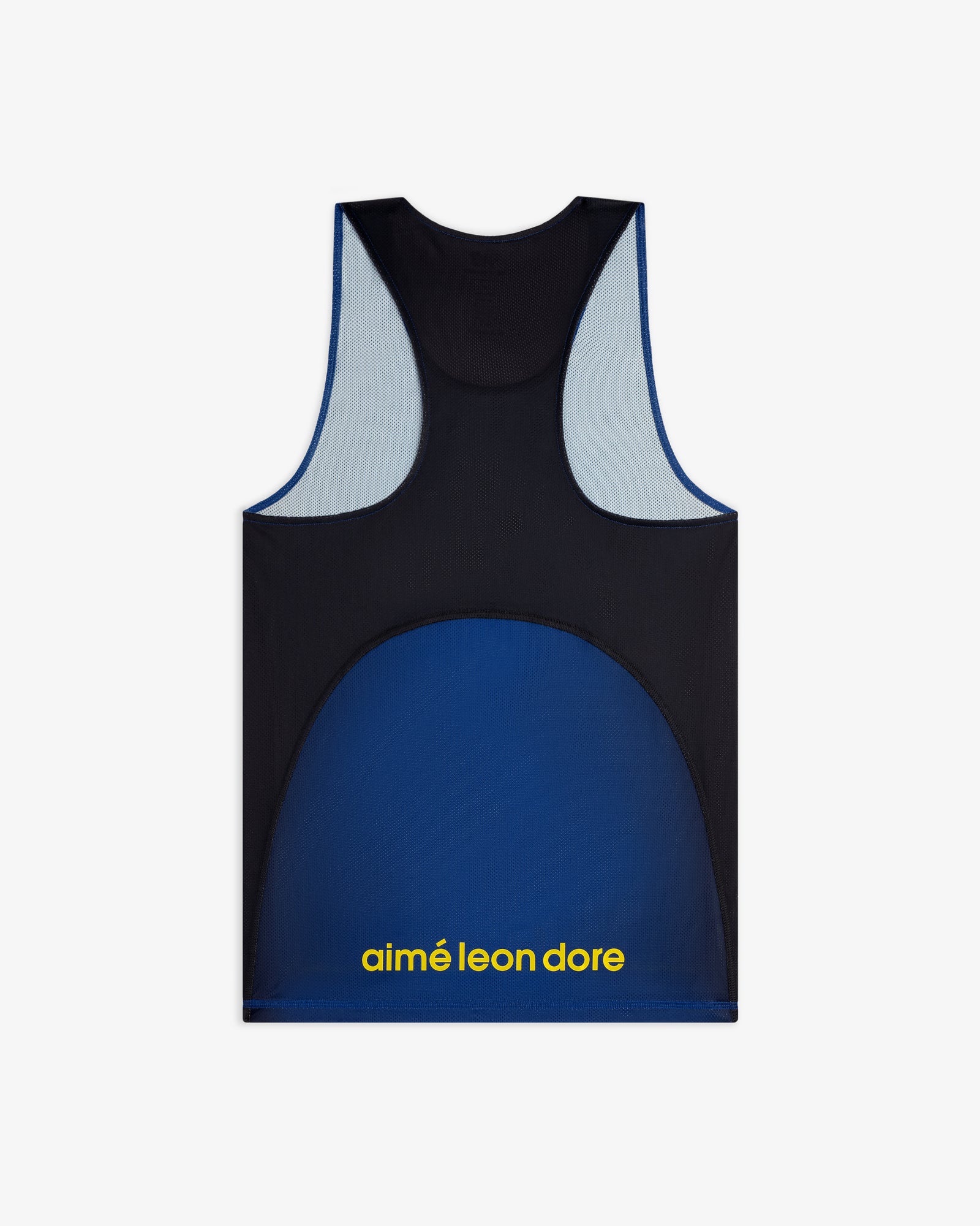 Back view of the ALD / New Balance Running Gradient Singlet in navy and black with yellow logo near the hem.