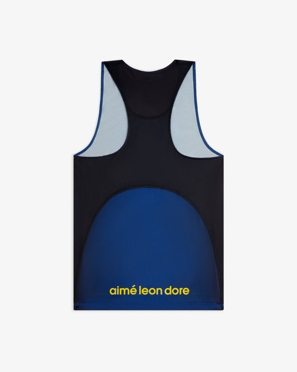 Back view of the ALD / New Balance Running Gradient Singlet in navy and black with yellow logo near the hem.