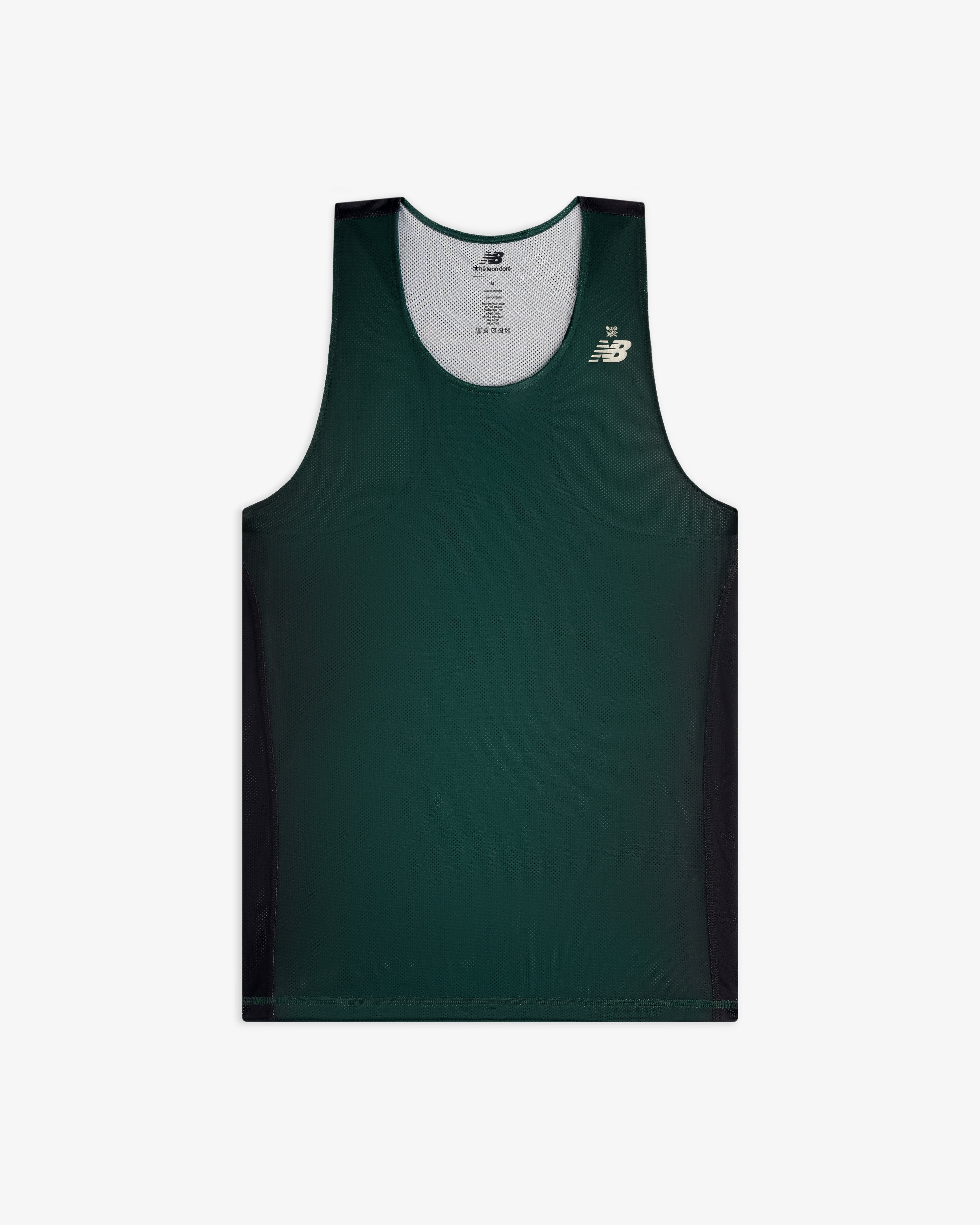 ALD / New Balance Running Gradient Singlet in dark green with black panels shown on a white background.