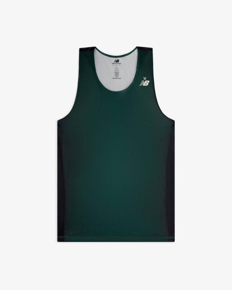 ALD / New Balance Running Gradient Singlet in dark green with black panels shown on a white background.