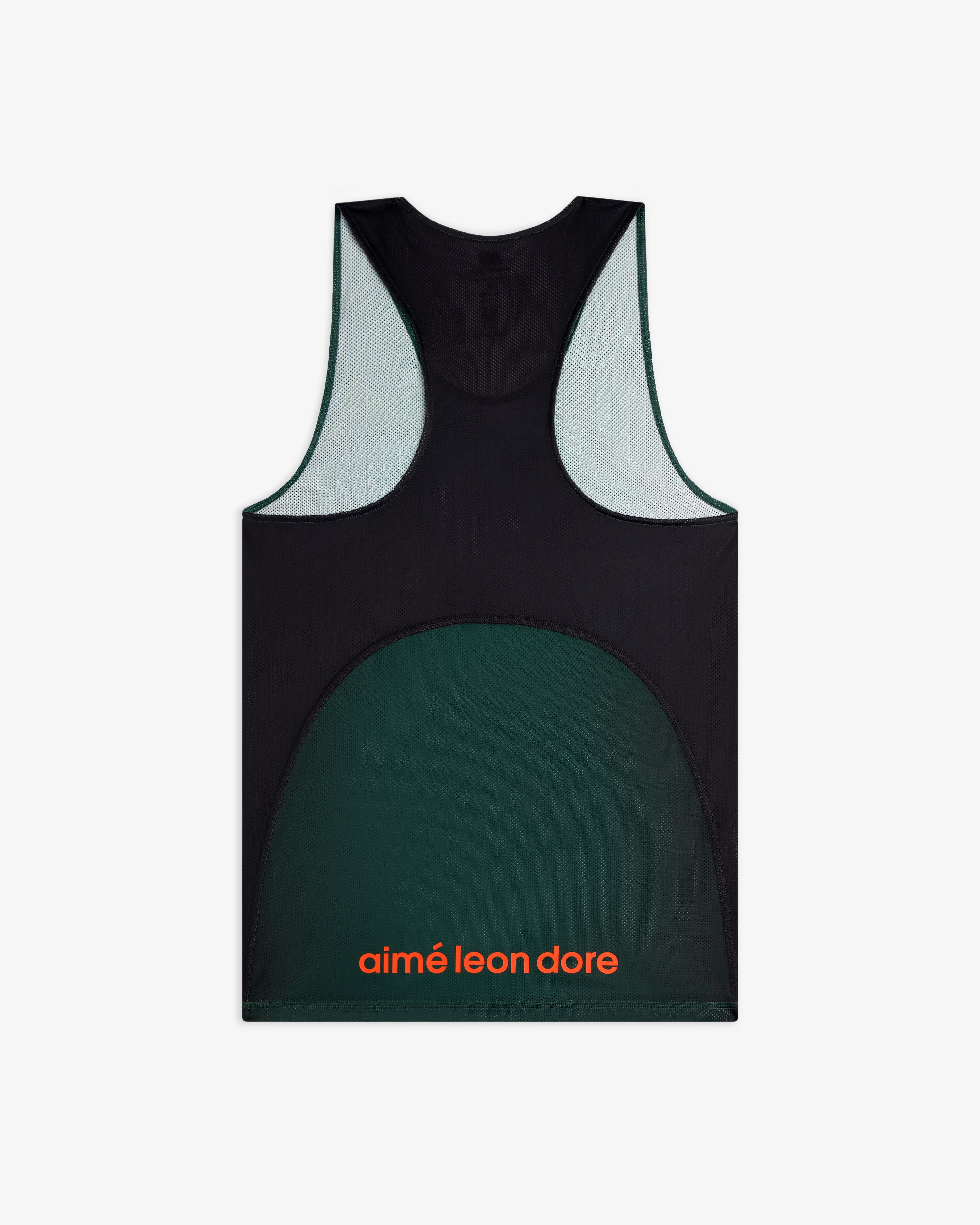 Dark green and black ALD / New Balance Running Gradient Singlet with orange aimé leon dore text on lower back.