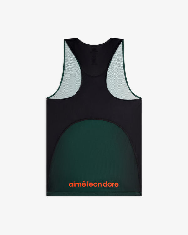 Dark green and black ALD / New Balance Running Gradient Singlet with orange aimé leon dore text on lower back.