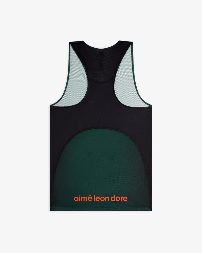 Dark green and black ALD / New Balance Running Gradient Singlet with orange aimé leon dore text on lower back.